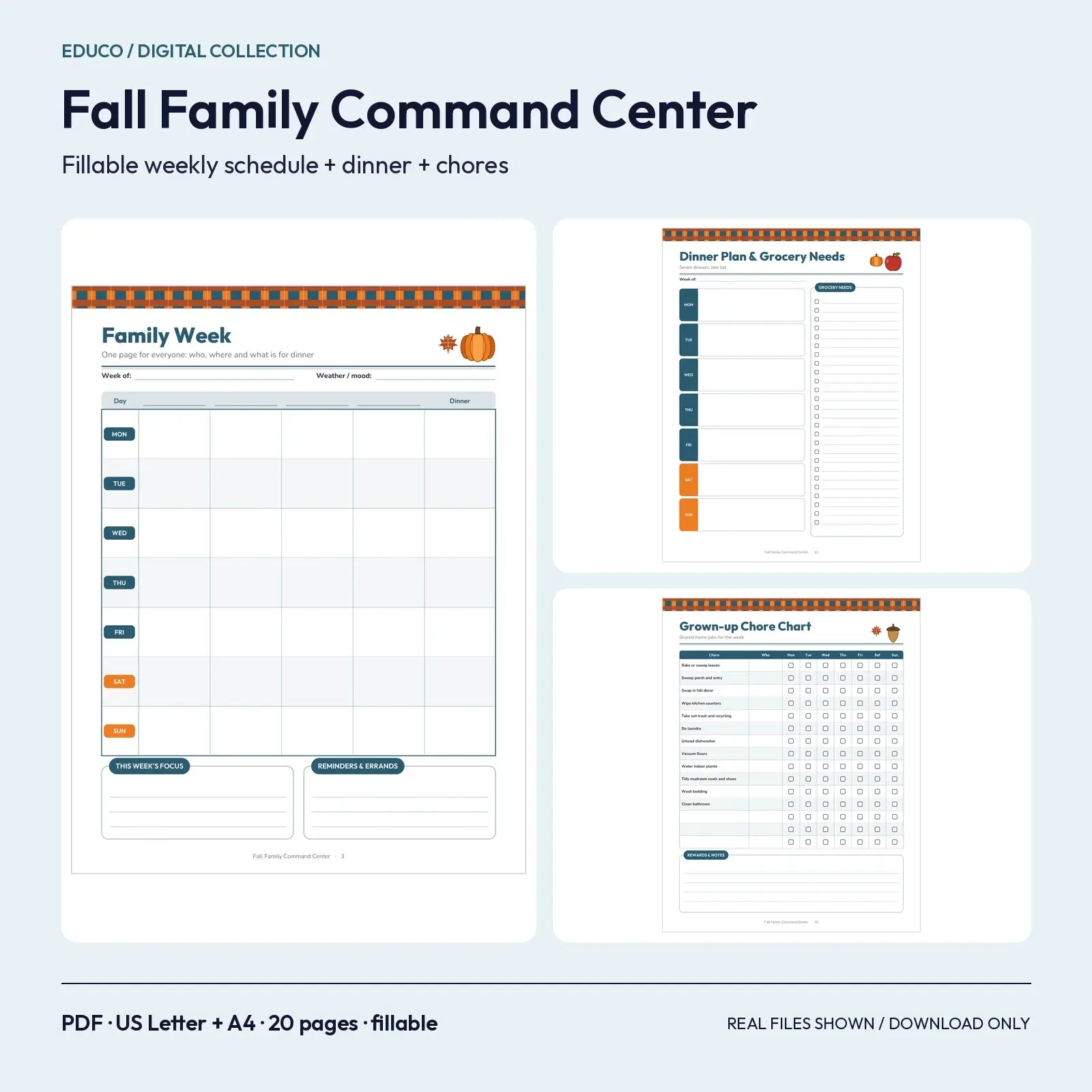 Fall Family Command Center Fillable Planner PDF - Weekly Schedule, Dinner Plan, Chore Chart, 20 Pages, preview 1 of 3
