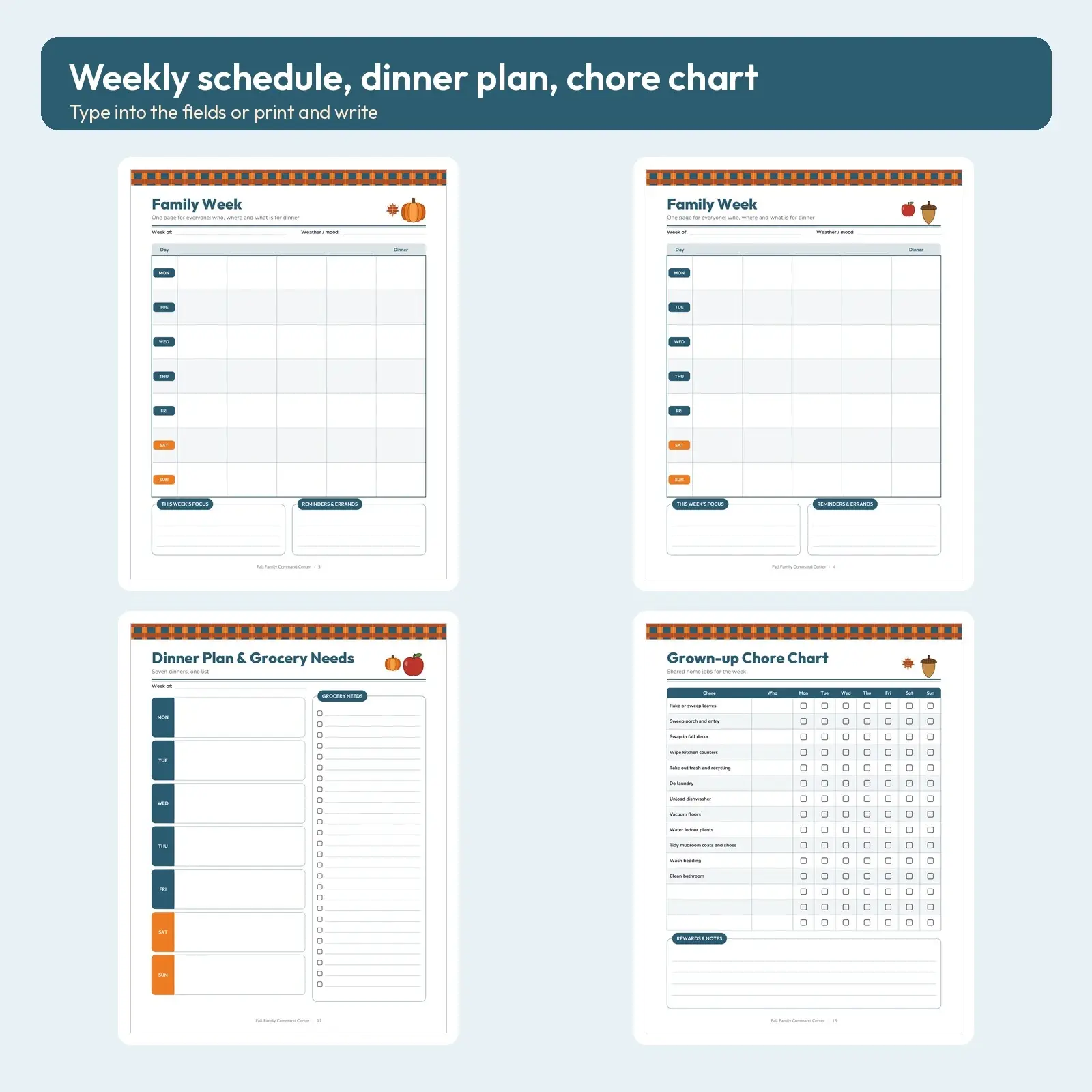 Fall Family Command Center Fillable Planner PDF - Weekly Schedule, Dinner Plan, Chore Chart, 20 Pages, preview 2 of 3