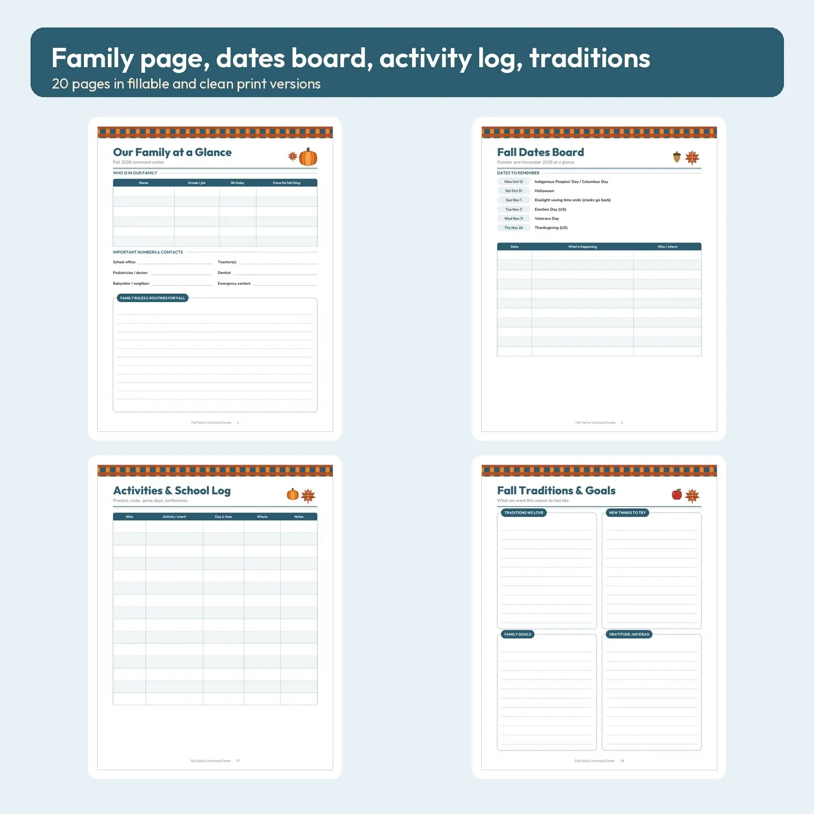 Fall Family Command Center Fillable Planner PDF - Weekly Schedule, Dinner Plan, Chore Chart, 20 Pages, preview 3 of 3