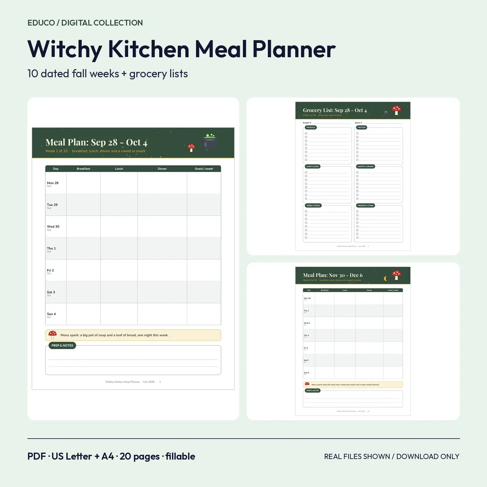 Witchy Kitchen Weekly Meal Planner and Grocery List 2026 Fillable PDF - 10 Dated Fall Weeks, 20 Pages preview