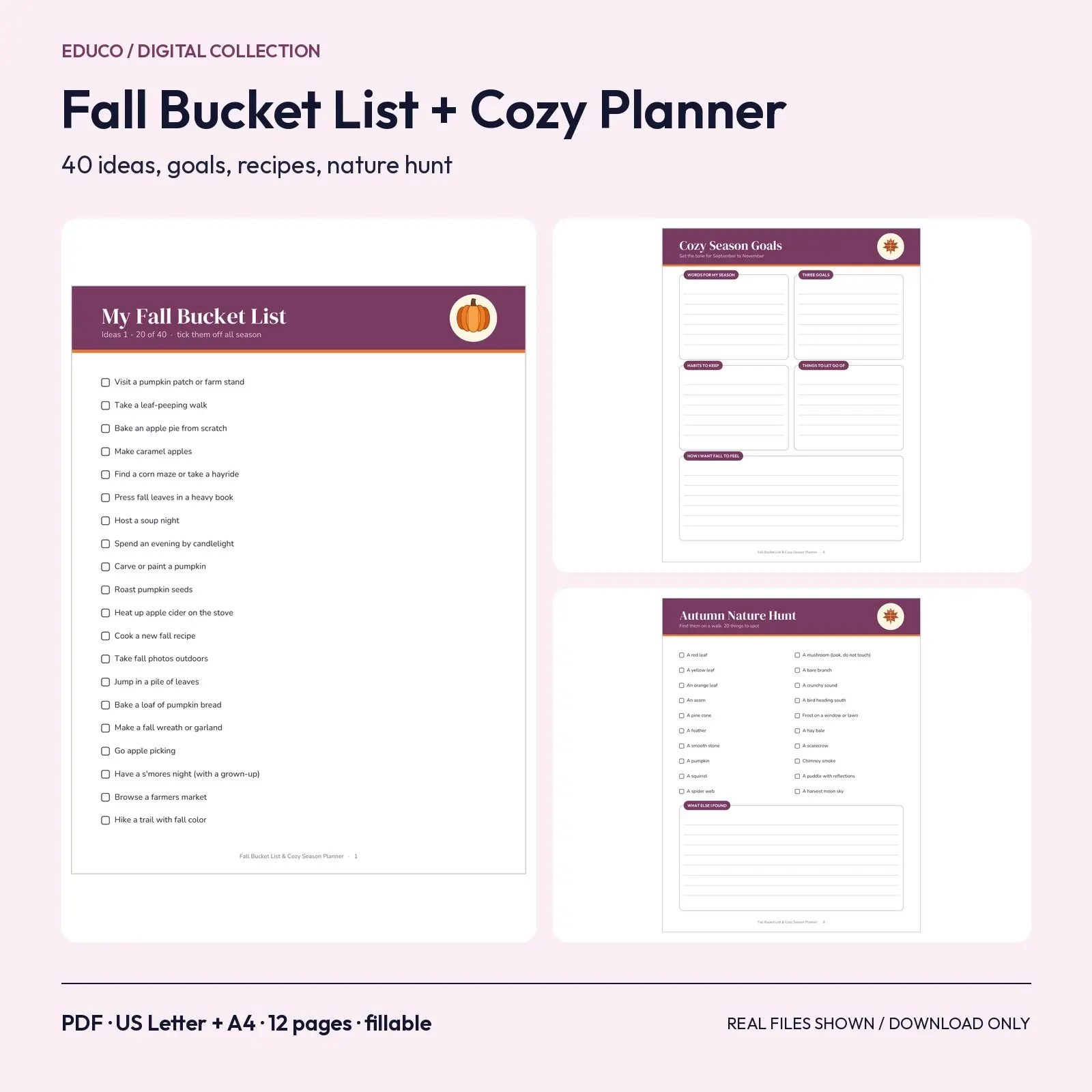 Fall Bucket List and Cozy Season Planner Fillable PDF - 40 Autumn Ideas, Goals, Recipes, Nature Hunt, 12 Pages preview