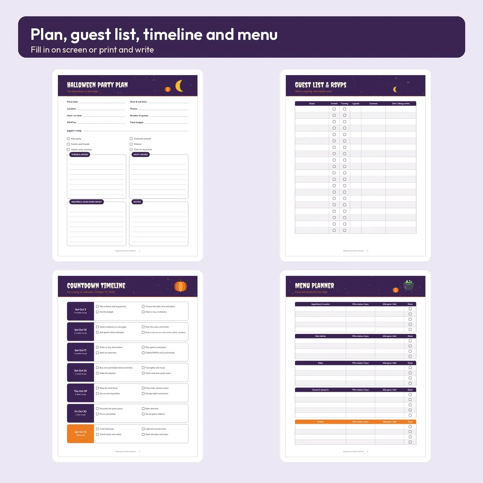 Halloween Party Planner Fillable PDF - Guest List, Menu, Decor, Games, Costumes, Timeline and Budget, 12 Pages, preview 2 of 3