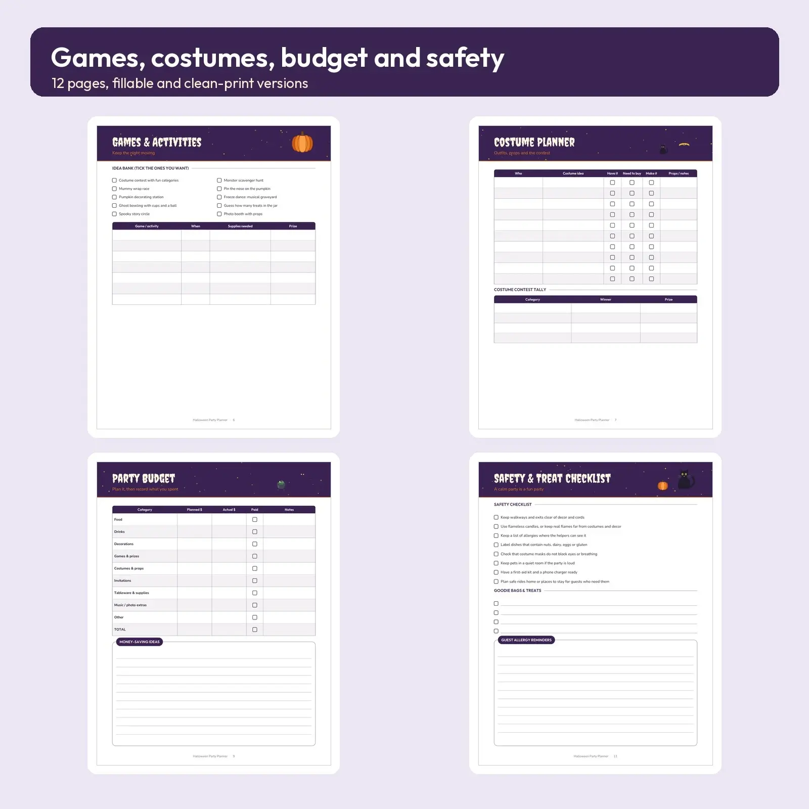Halloween Party Planner Fillable PDF - Guest List, Menu, Decor, Games, Costumes, Timeline and Budget, 12 Pages, preview 3 of 3