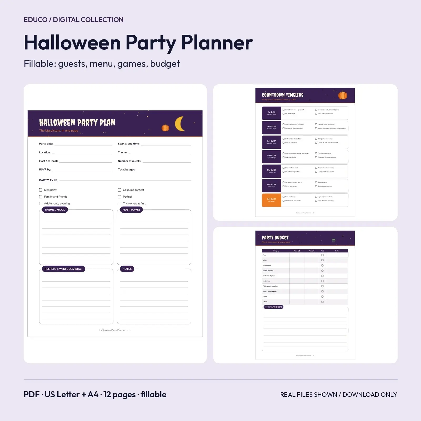 Halloween Party Planner Fillable PDF - Guest List, Menu, Decor, Games, Costumes, Timeline and Budget, 12 Pages preview