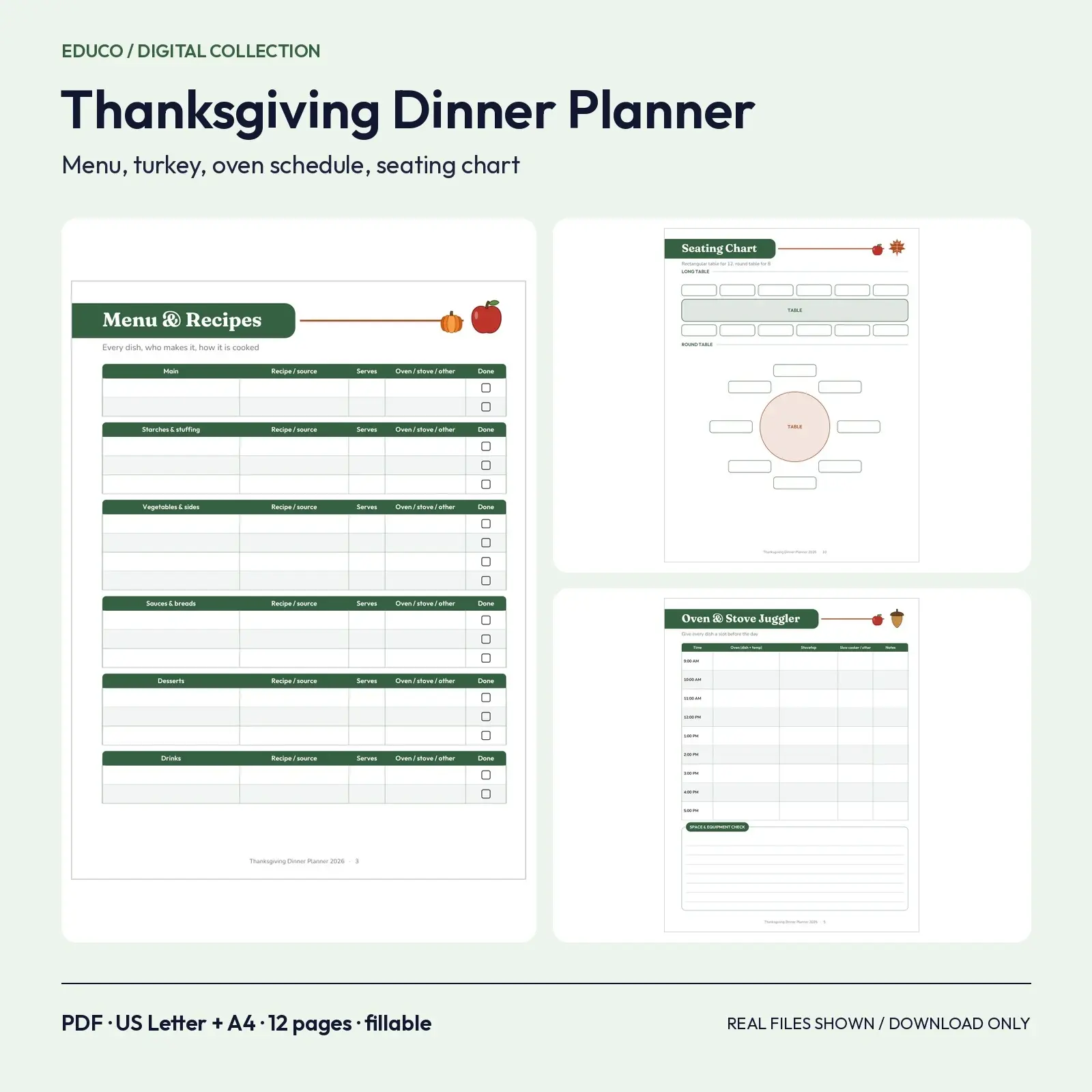 Thanksgiving Dinner Planner Fillable PDF - Menu, Oven Schedule, Seating Chart, Tasks and Nov 26 Timeline, 12 Pages preview