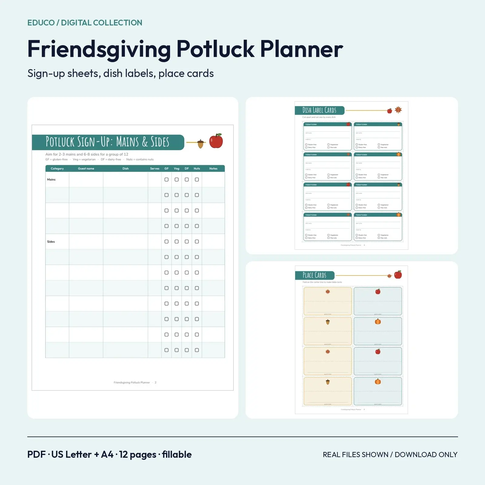 Friendsgiving Potluck Planner and Sign-Up Sheet Fillable PDF - Dish Labels, Place Cards, Guest List, 12 Pages preview