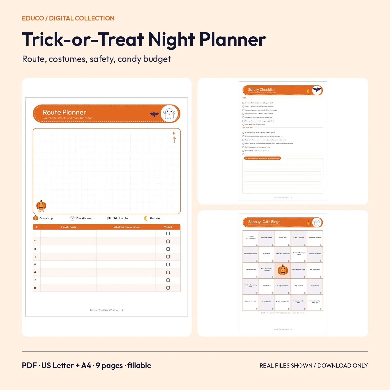Trick-or-Treat Night Planner Fillable PDF for Families - Route Map, Costume and Safety Checklists, Candy Budget, 9 Pages preview