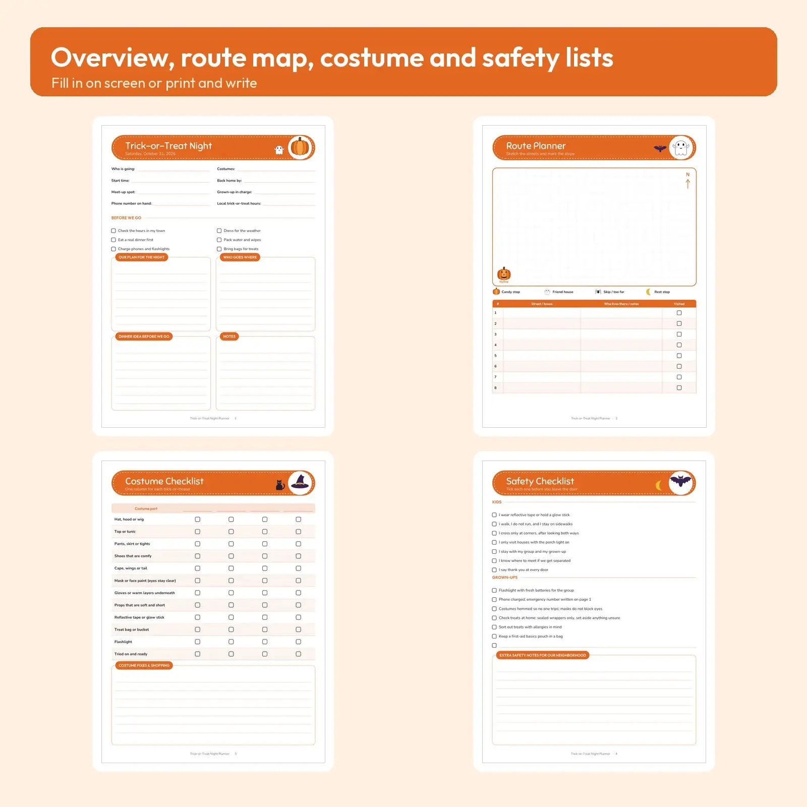 Trick-or-Treat Night Planner Fillable PDF for Families - Route Map, Costume and Safety Checklists, Candy Budget, 9 Pages, preview 2 of 3