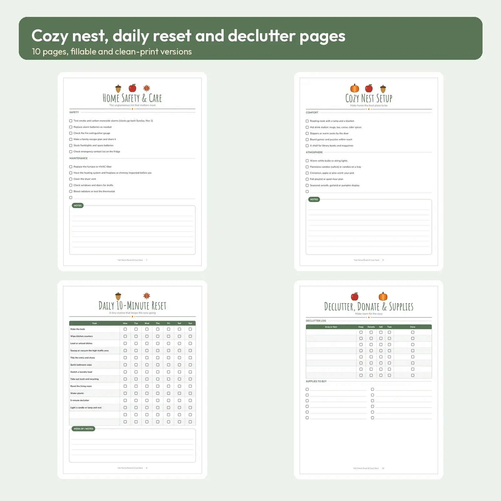 Fall Home Reset and Cozy Nest Checklist Fillable PDF - Room-by-Room Cleaning, Home Safety and Cozy Setup, 10 Pages, preview 3 of 3