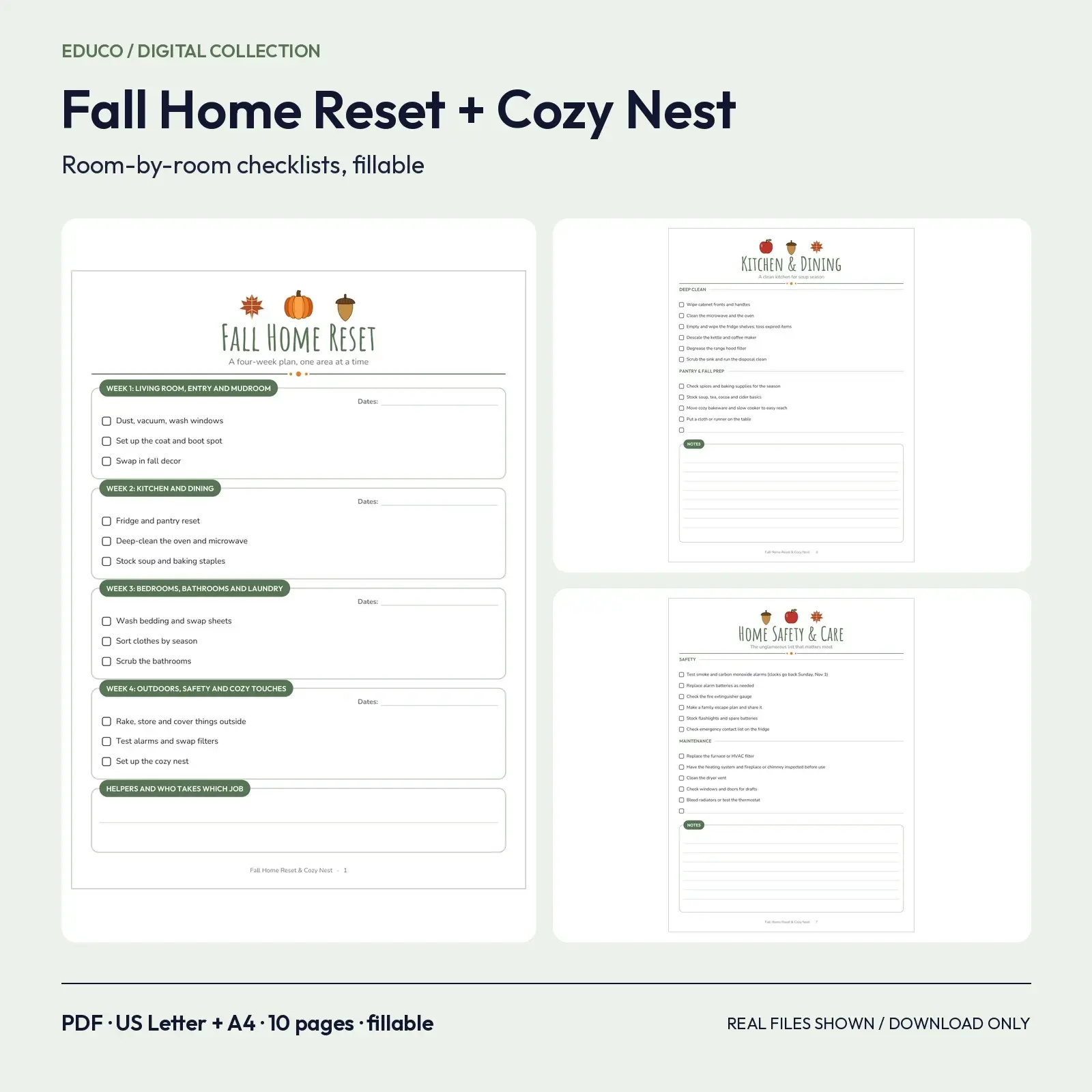 Fall Home Reset and Cozy Nest Checklist Fillable PDF - Room-by-Room Cleaning, Home Safety and Cozy Setup, 10 Pages, preview 1 of 3