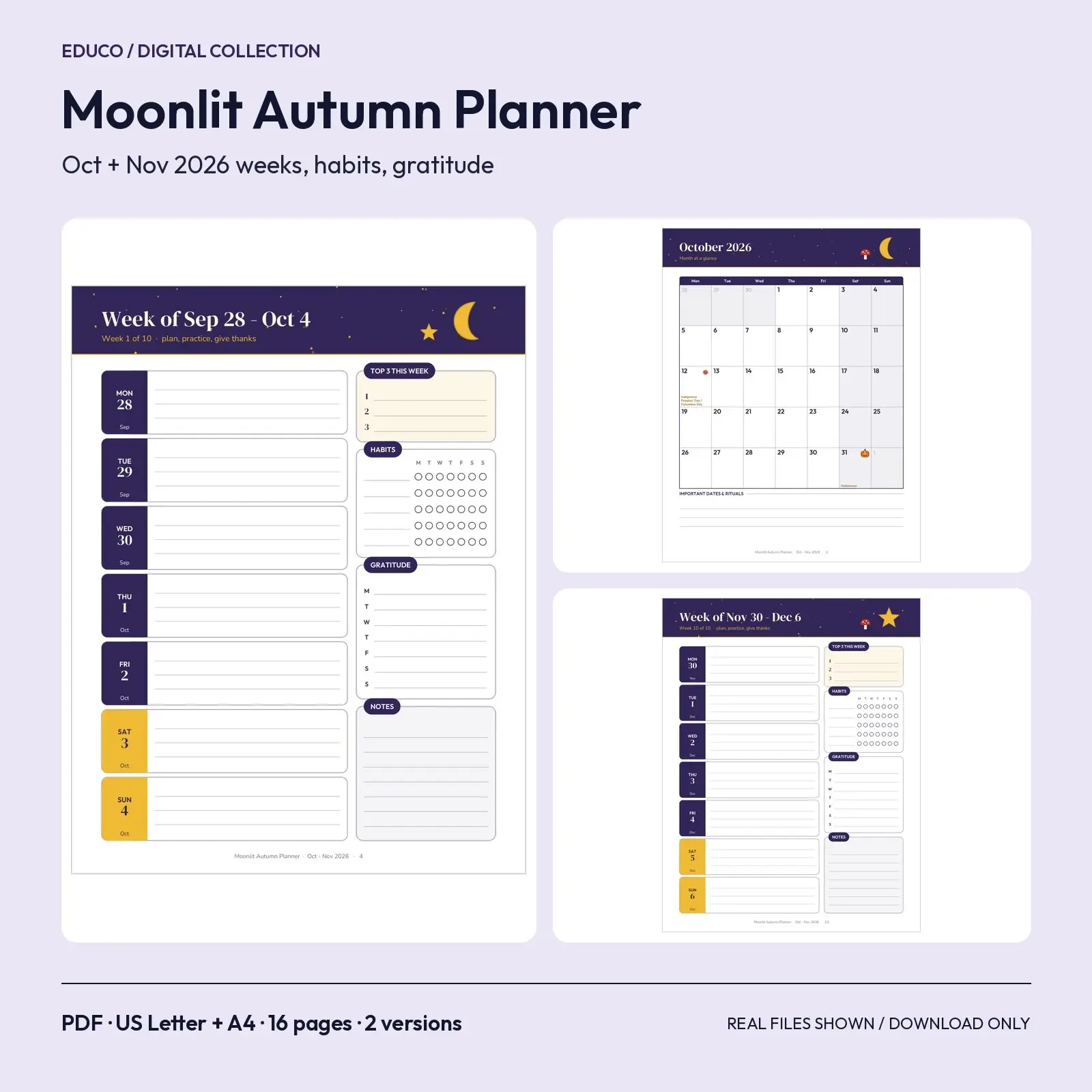 Moonlit Autumn Planner October and November 2026 - Dated Weekly Spreads, Habit Tracker and Gratitude Strips, 16 Pages preview