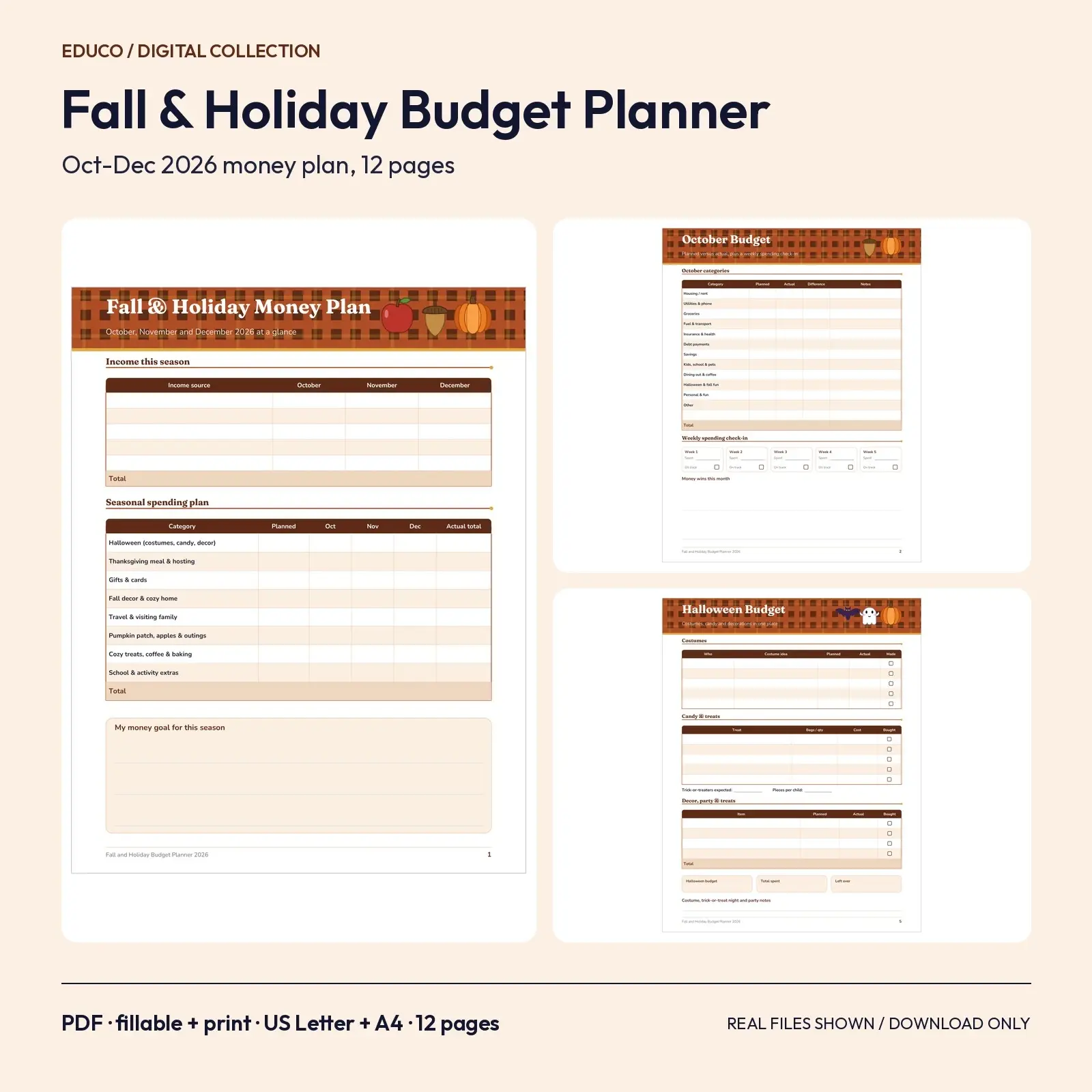 Fall and Holiday Budget Planner 2026 - 12 Fillable PDF Pages for October to December preview