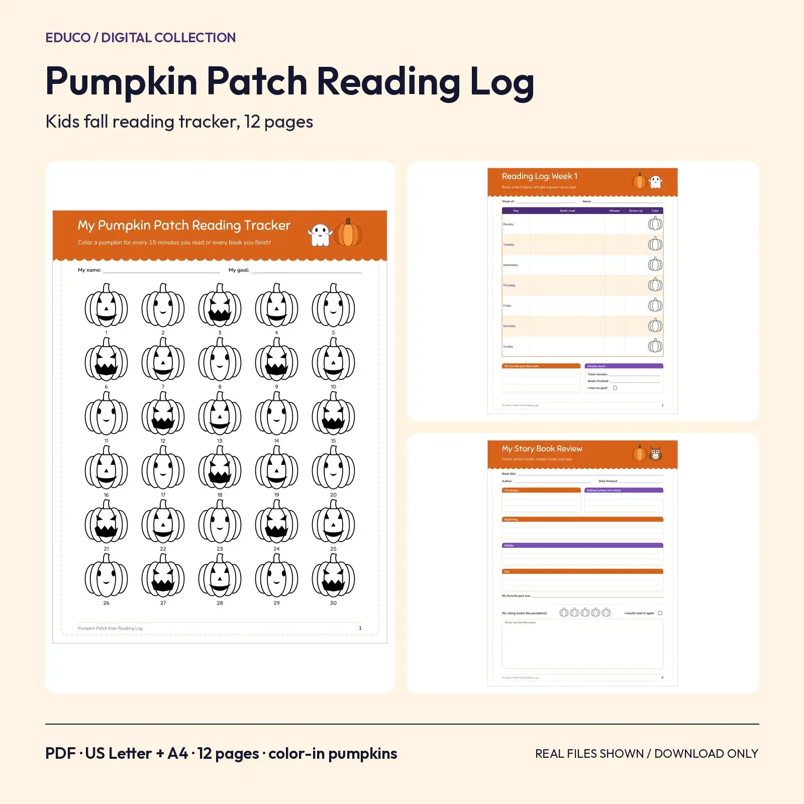 Pumpkin Patch Kids Reading Log - 12 Printable Pages with Pumpkin Tracker and Certificate preview