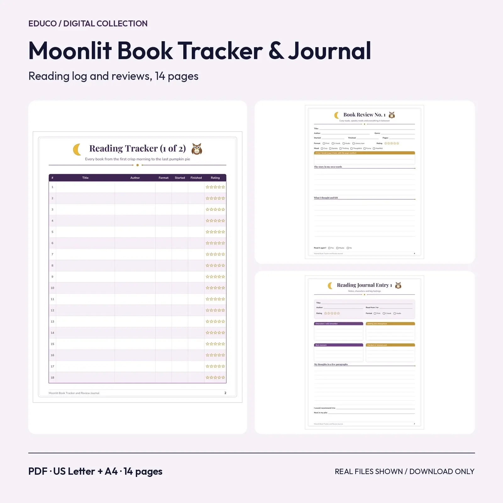 Moonlit Book Tracker and Review Journal - 14 Printable Pages for Fall Reading preview