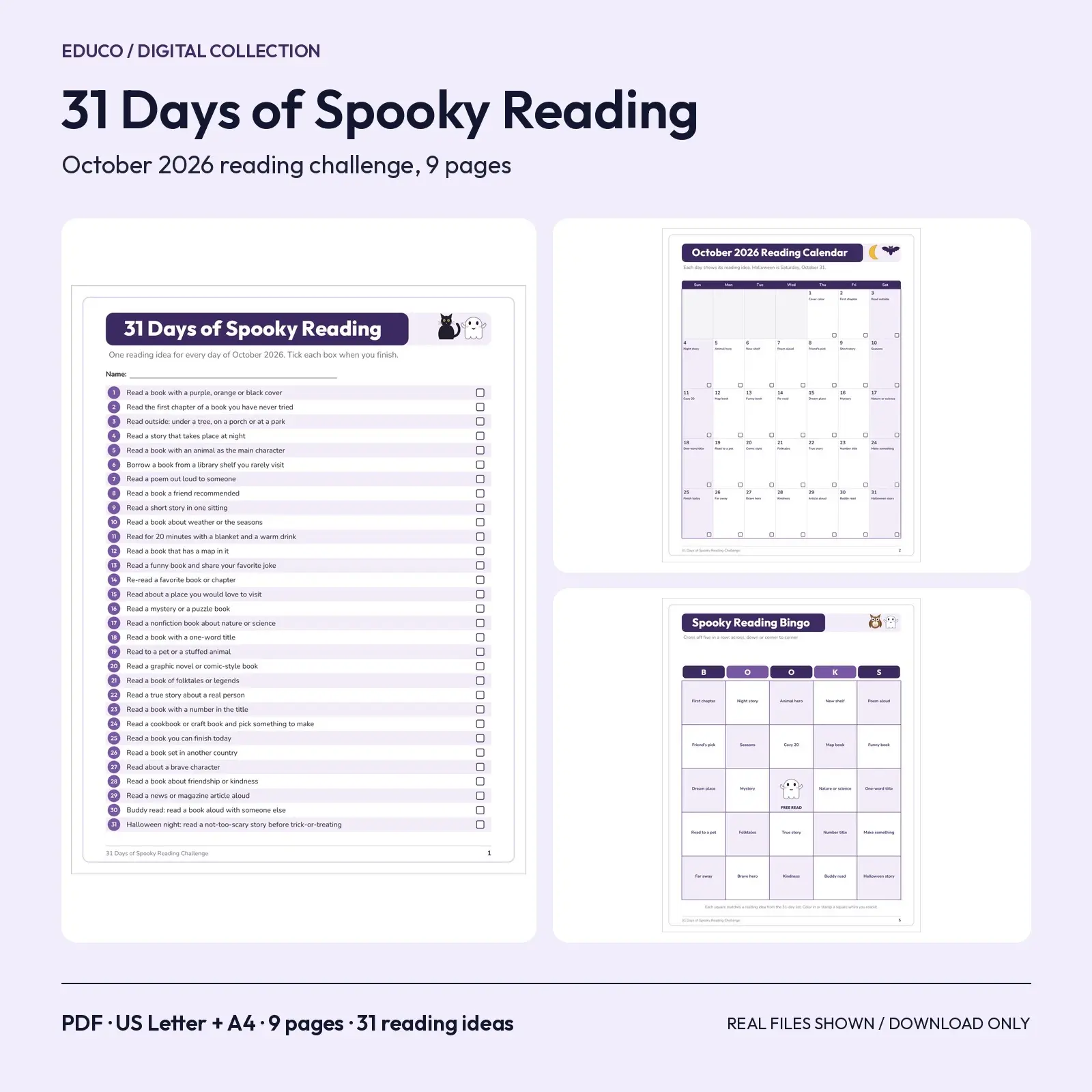 31 Days of Spooky Reading Challenge - 9 Printable Pages with Calendar, Bingo and Bookmarks preview