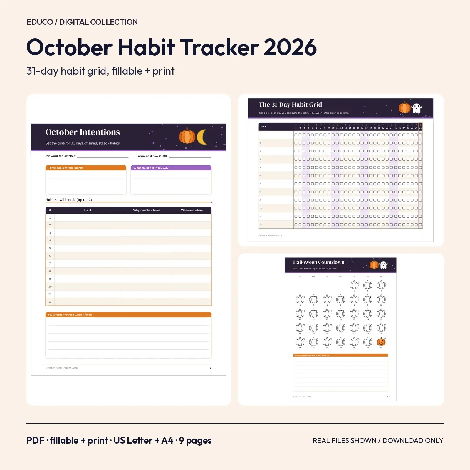 October Habit Tracker 2026 - 31 Day Fillable Habit Grid and Halloween Countdown, 9 Pages preview