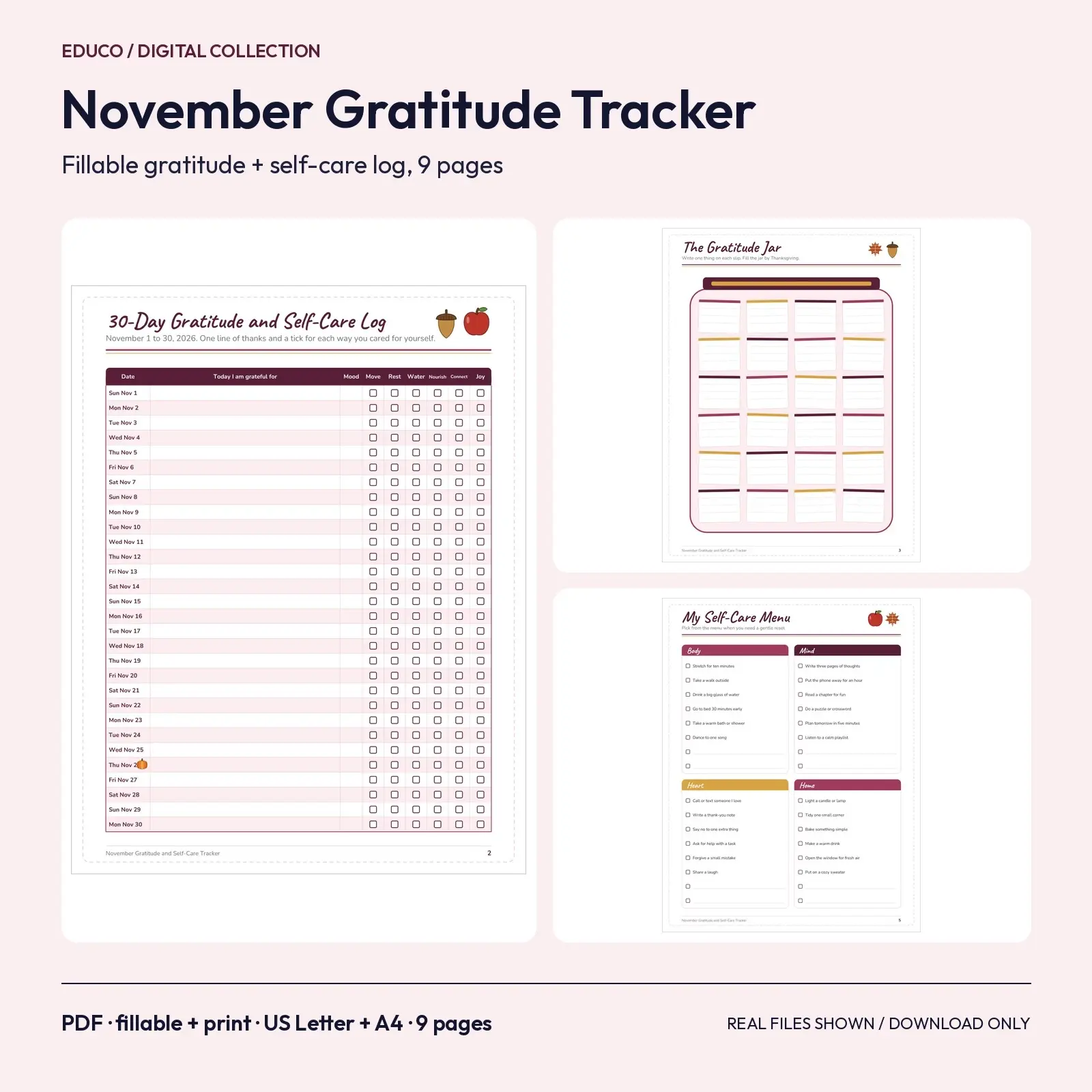 November Gratitude and Self-Care Tracker - 9 Fillable Pages for Thanksgiving Month 2026 preview