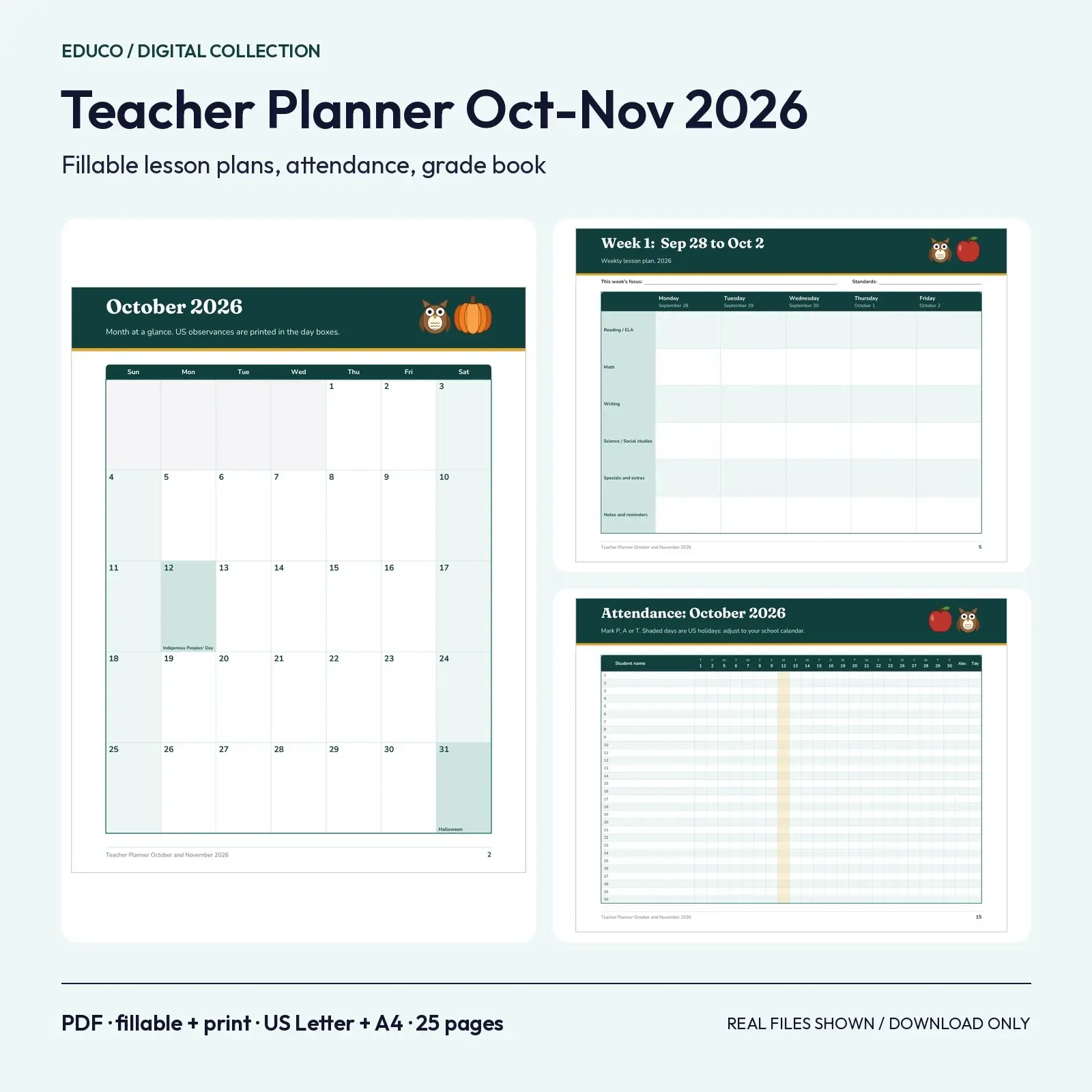 Teacher Planner October and November 2026 - 25 Fillable Pages with Lesson Plans, Attendance and Grade Book, preview 1 of 5