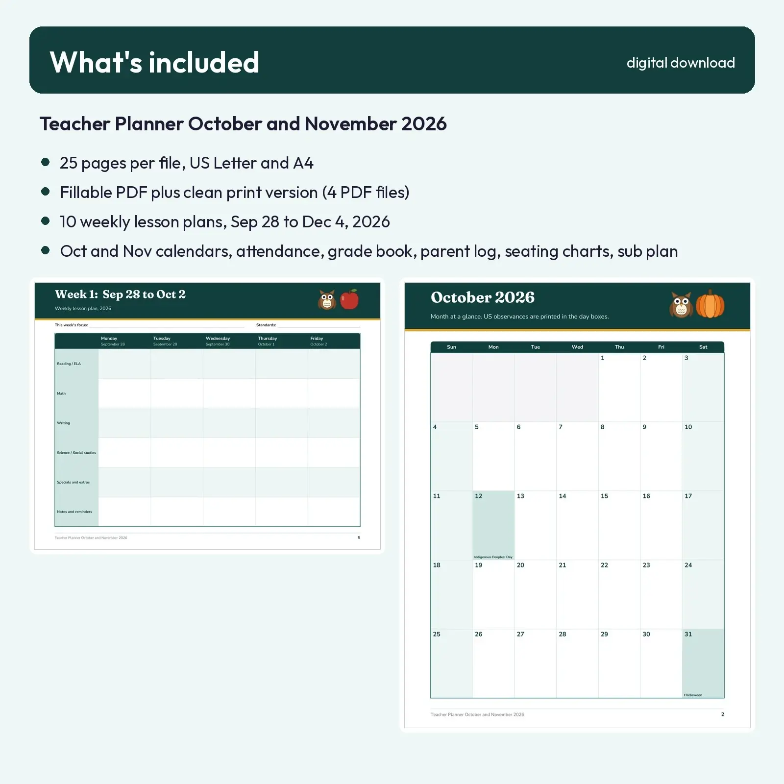 Teacher Planner October and November 2026 - 25 Fillable Pages with Lesson Plans, Attendance and Grade Book, preview 5 of 5