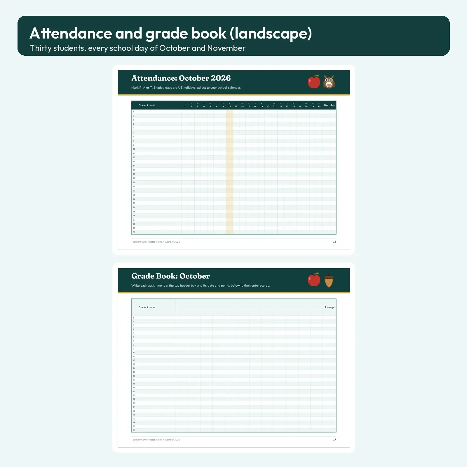 Teacher Planner October and November 2026 - 25 Fillable Pages with Lesson Plans, Attendance and Grade Book, preview 3 of 5