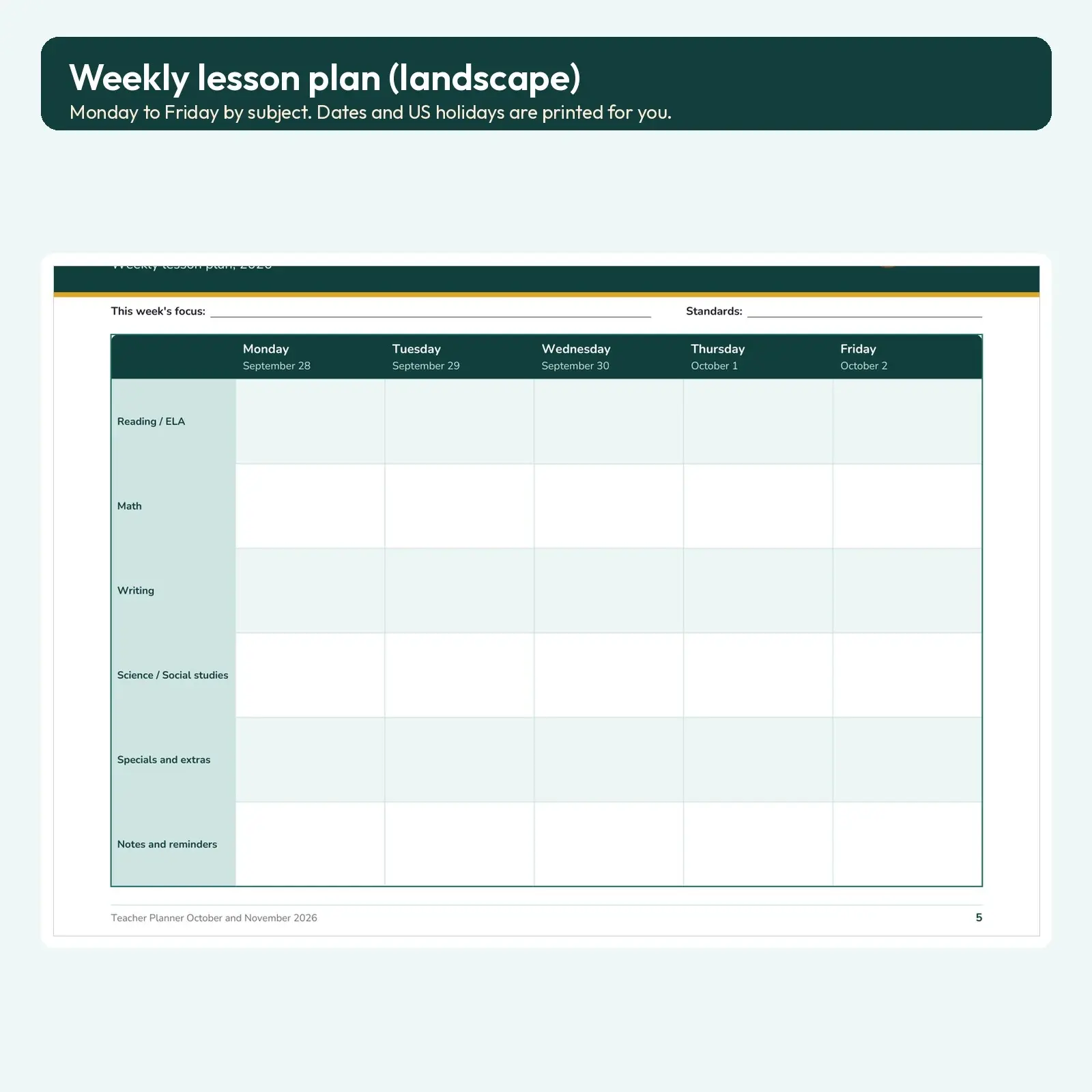 Teacher Planner October and November 2026 - 25 Fillable Pages with Lesson Plans, Attendance and Grade Book, preview 4 of 5