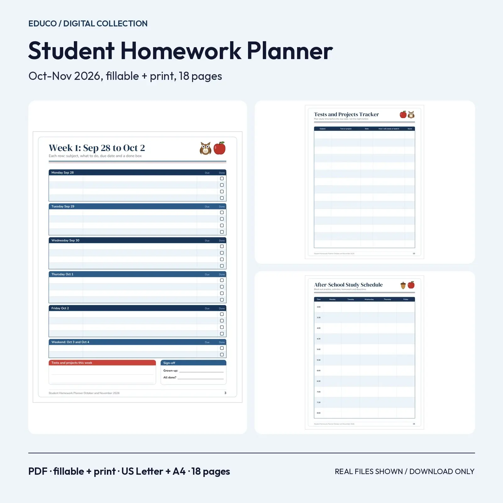 Student Homework Planner October and November 2026 - 18 Fillable Pages with Weekly Assignment Tracker preview