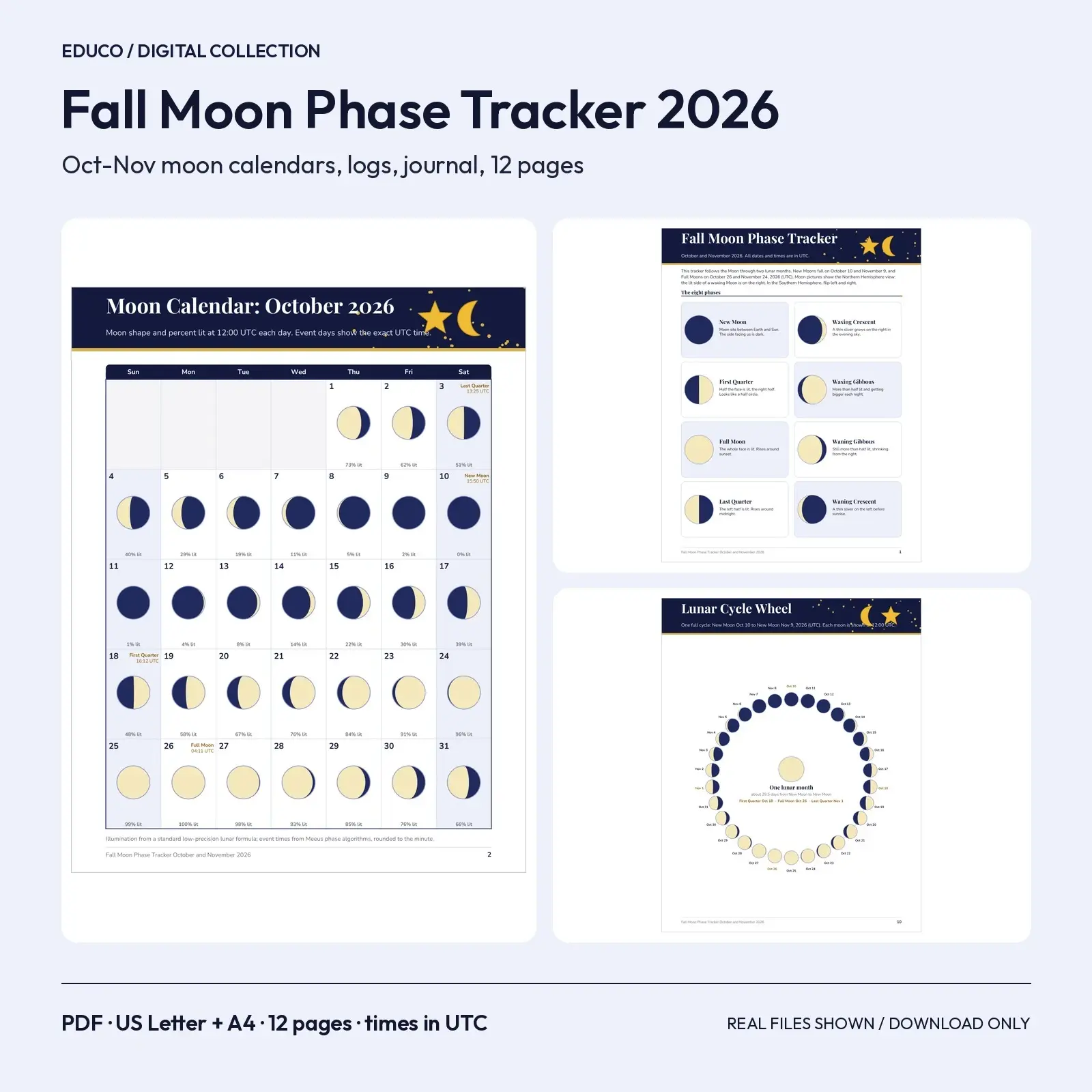 Fall Moon Phase Tracker October and November 2026 - 12 Printable Pages with Computed Moon Calendars preview