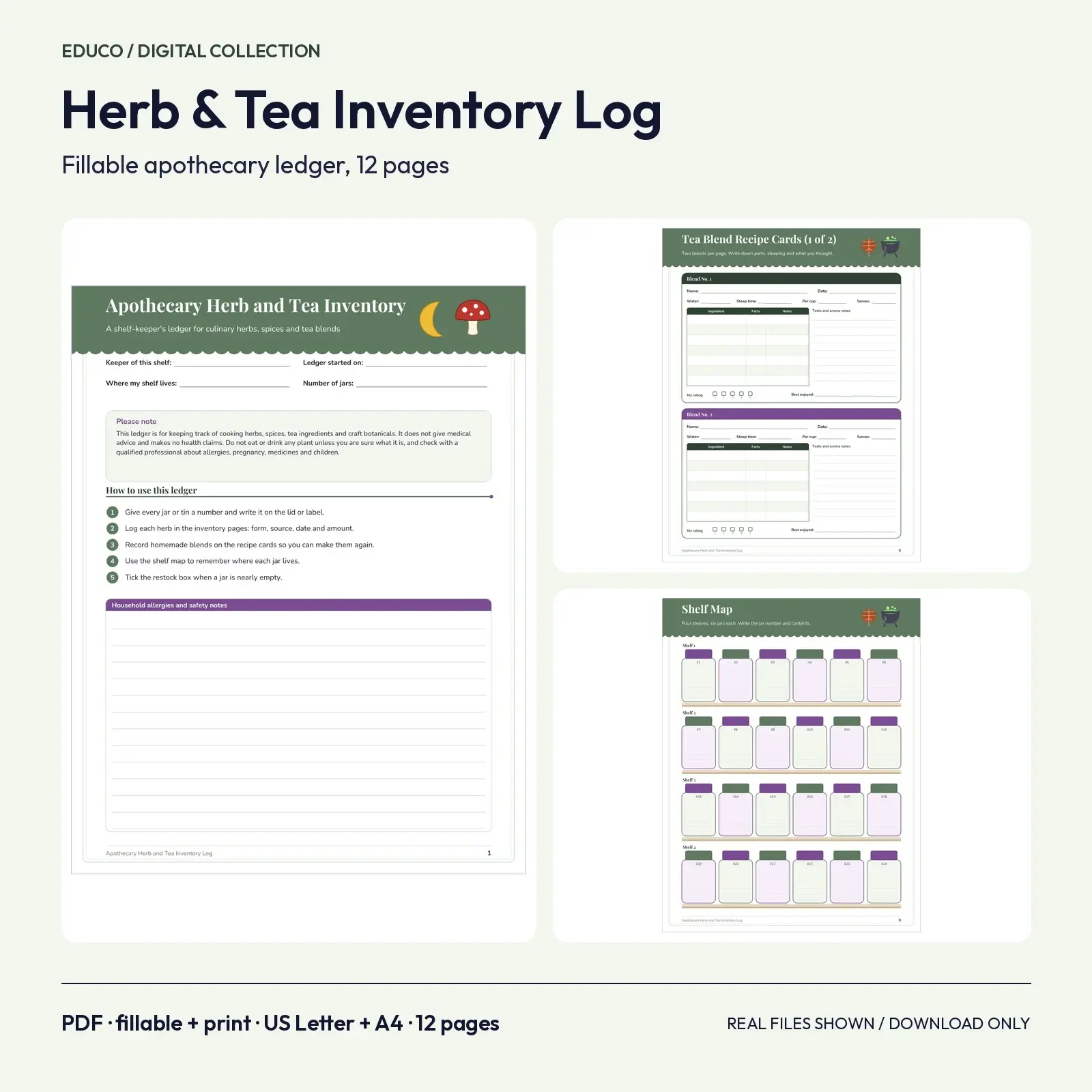 Apothecary Herb and Tea Inventory Log - 12 Fillable Pages with Recipe Cards and Jar Labels preview
