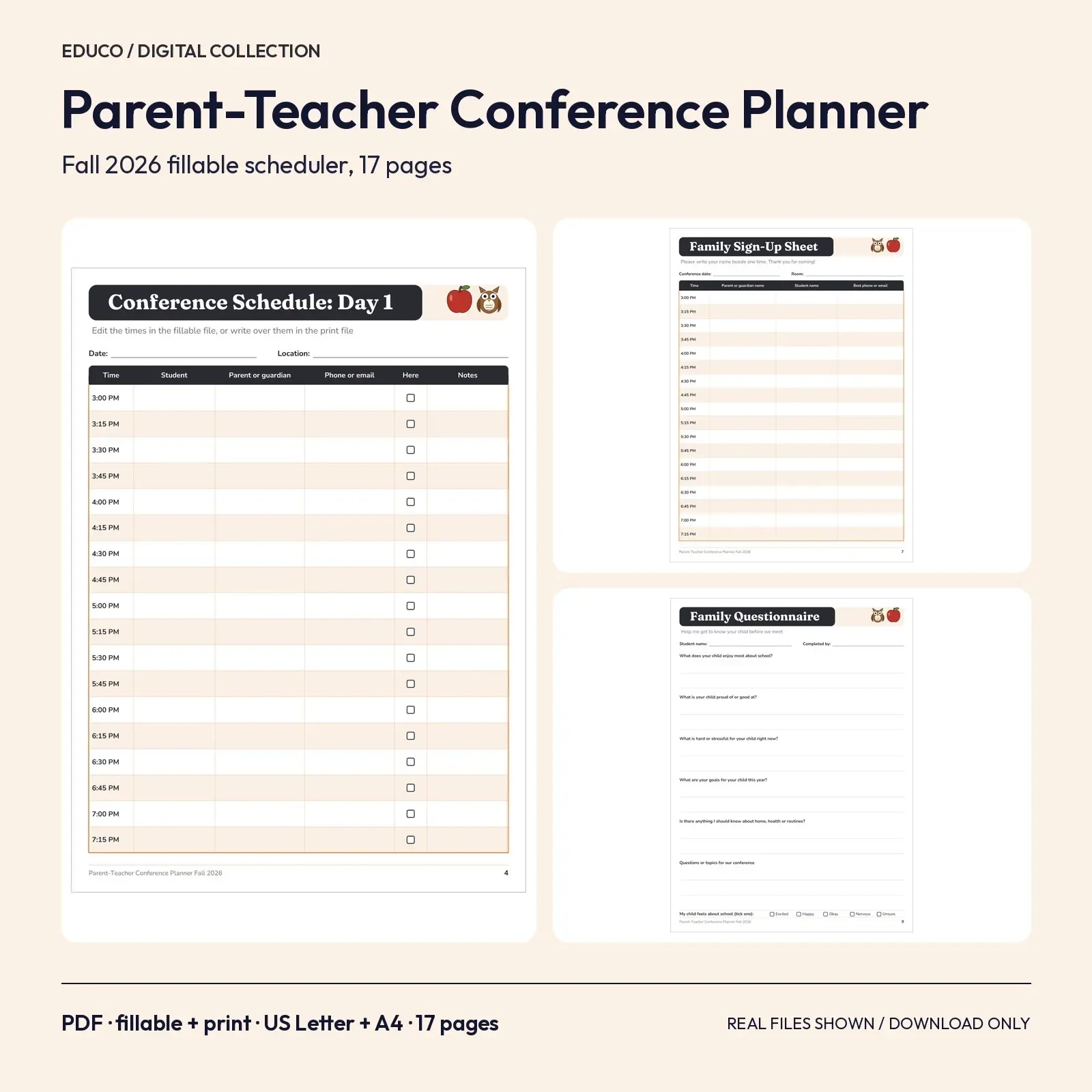 Parent-Teacher Conference Planner Fall 2026 - 17 Fillable Pages with Schedule and Sign-Up Sheet preview