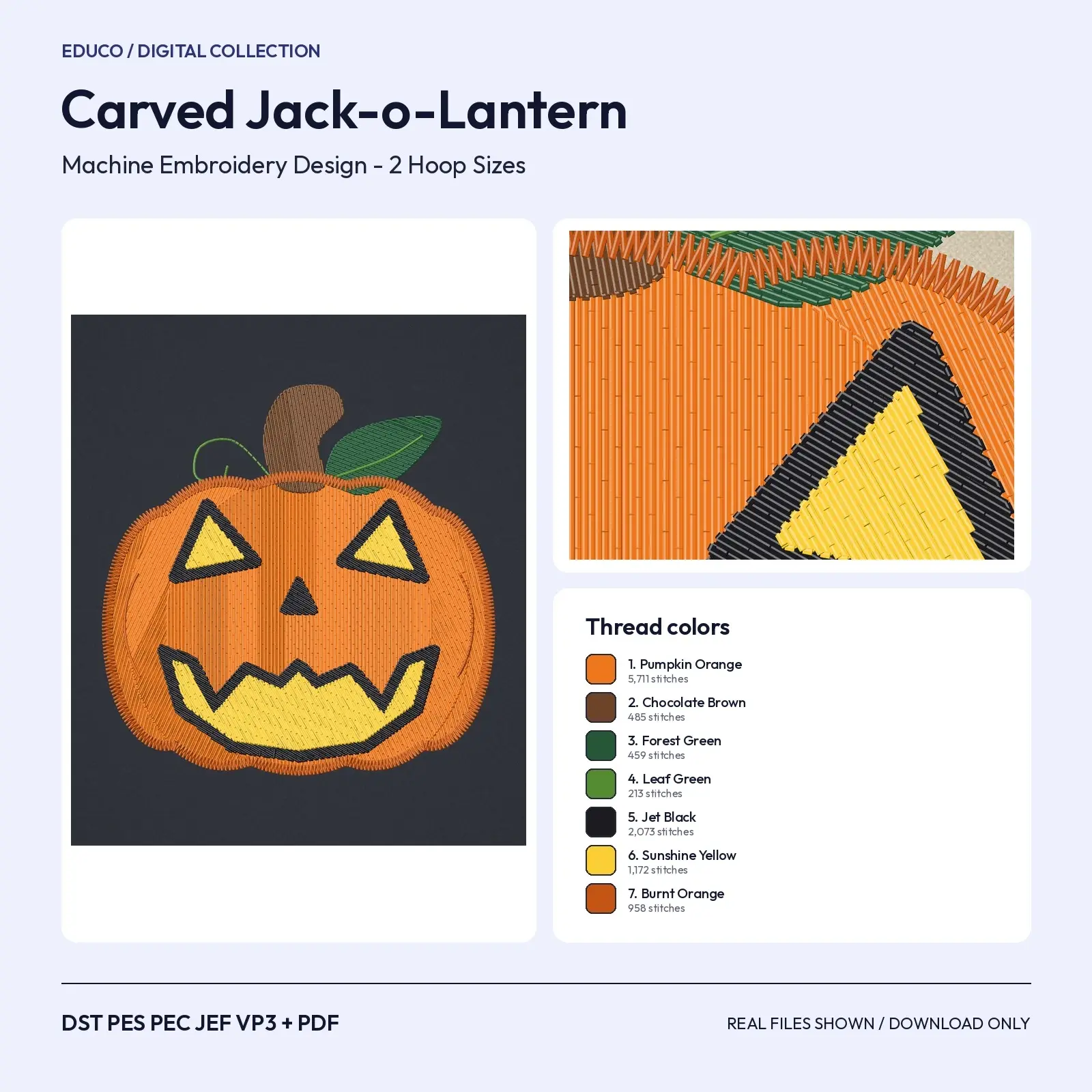 Carved Jack-o-Lantern Machine Embroidery Design, Glowing Pumpkin Face, 4x4 and 5x7 Hoop preview