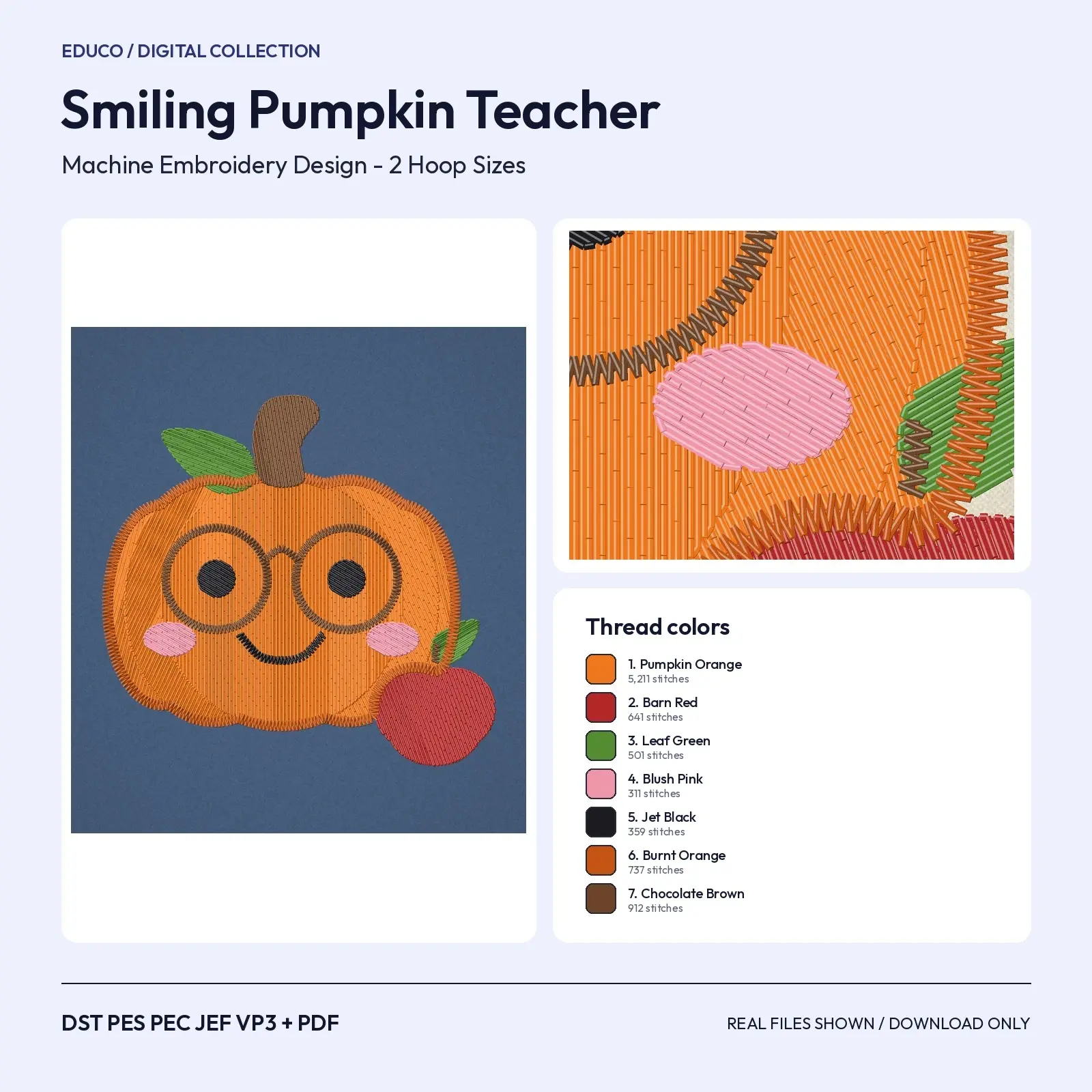 Smiling Pumpkin Teacher with Glasses and Apple Machine Embroidery Design, 4x4 and 5x7 Hoop preview
