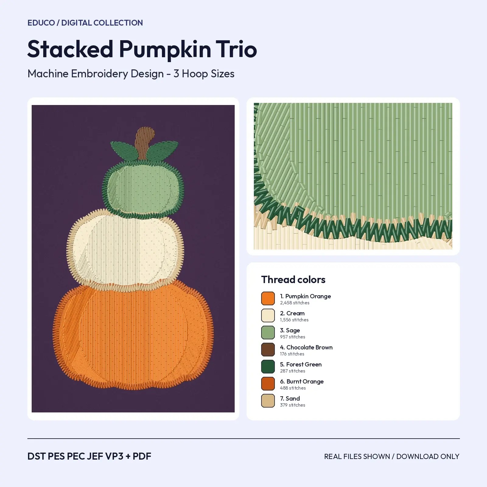 Stacked Pumpkin Trio Machine Embroidery Design for Fall Decor, Orange, Cream and Sage, 4x4 to 6x10 preview