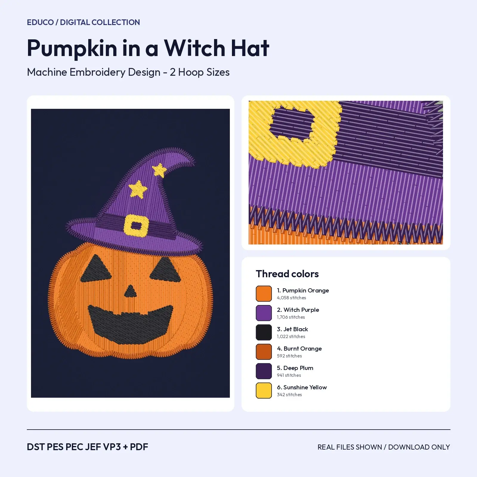 Pumpkin in Purple Witch Hat Machine Embroidery Design, Cute Halloween Pumpkin, 4x4 and 5x7 preview
