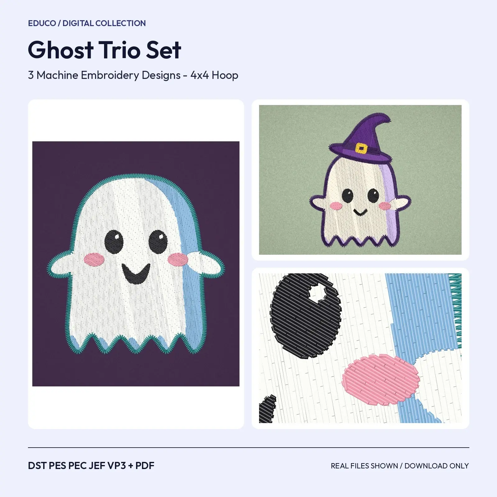 Ghost Trio Machine Embroidery Designs, Set of 3 Friendly Ghosts with Witch Hat and Mini Pumpkin, 4x4 preview