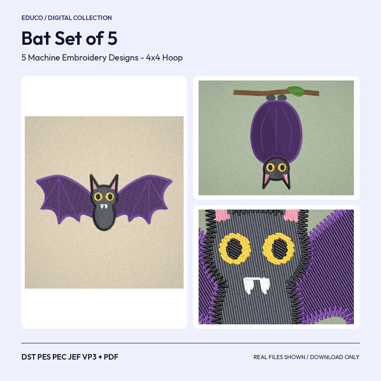 Bat Machine Embroidery Designs Set of 5, Flying, Hanging, Chibi, Trio and Silhouette Bats, 4x4 Hoop preview