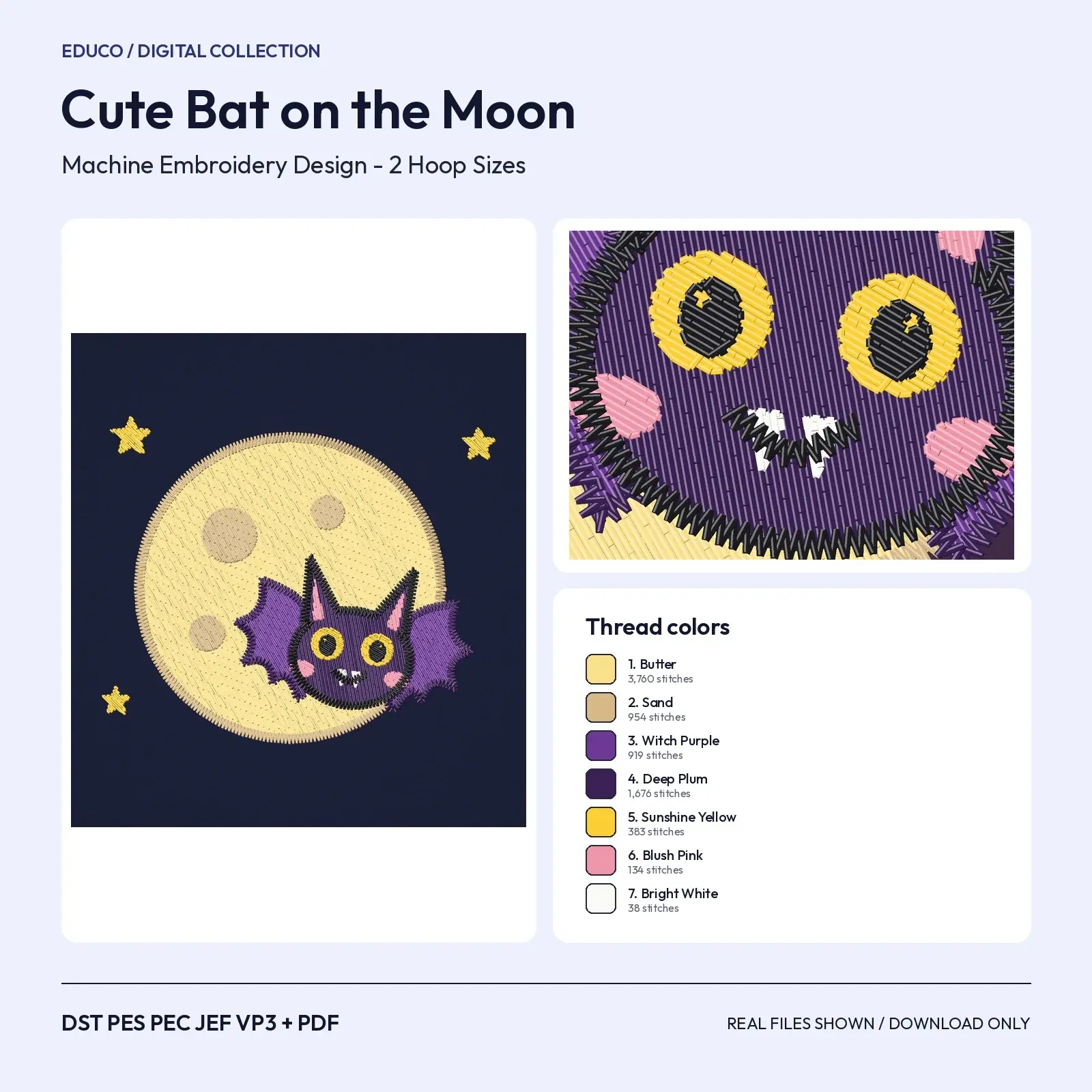 Cute Bat on a Full Moon Machine Embroidery Design, Spooky Cute Night Sky, 4x4 and 5x7 Hoop, preview 1 of 4