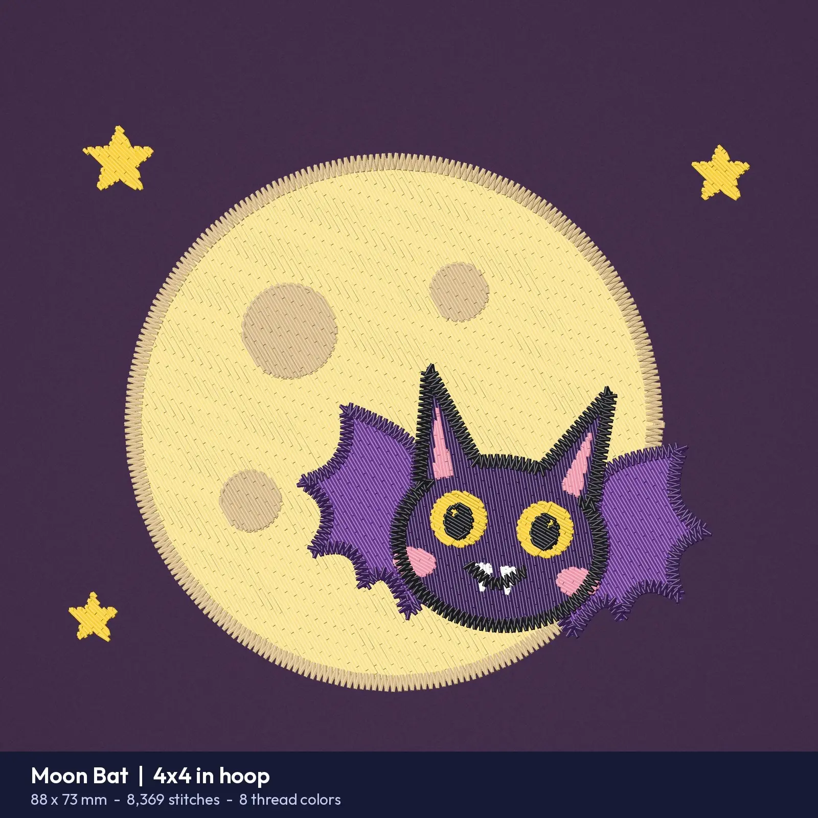 Cute Bat on a Full Moon Machine Embroidery Design, Spooky Cute Night Sky, 4x4 and 5x7 Hoop, preview 2 of 4