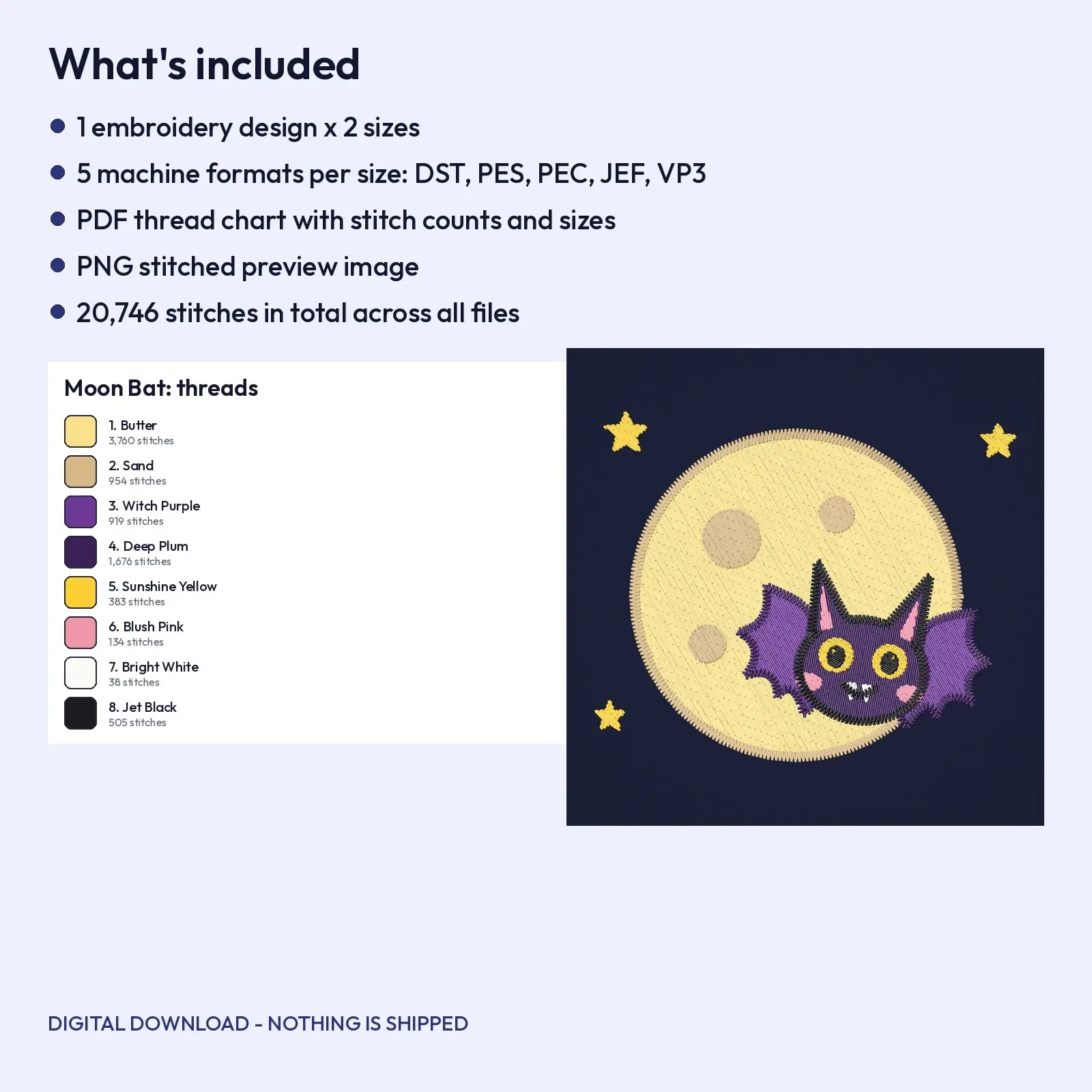 Cute Bat on a Full Moon Machine Embroidery Design, Spooky Cute Night Sky, 4x4 and 5x7 Hoop, preview 4 of 4
