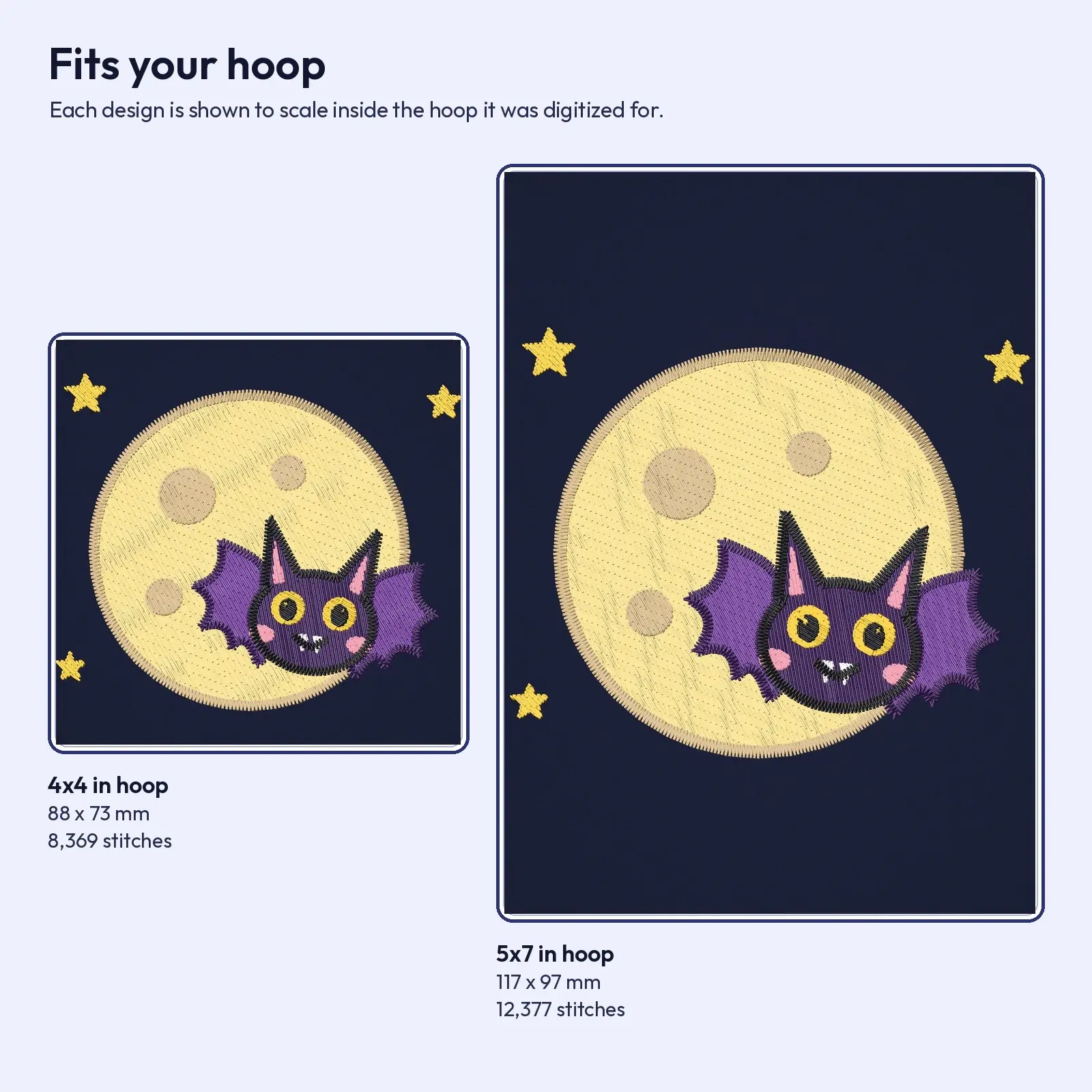 Cute Bat on a Full Moon Machine Embroidery Design, Spooky Cute Night Sky, 4x4 and 5x7 Hoop, preview 3 of 4
