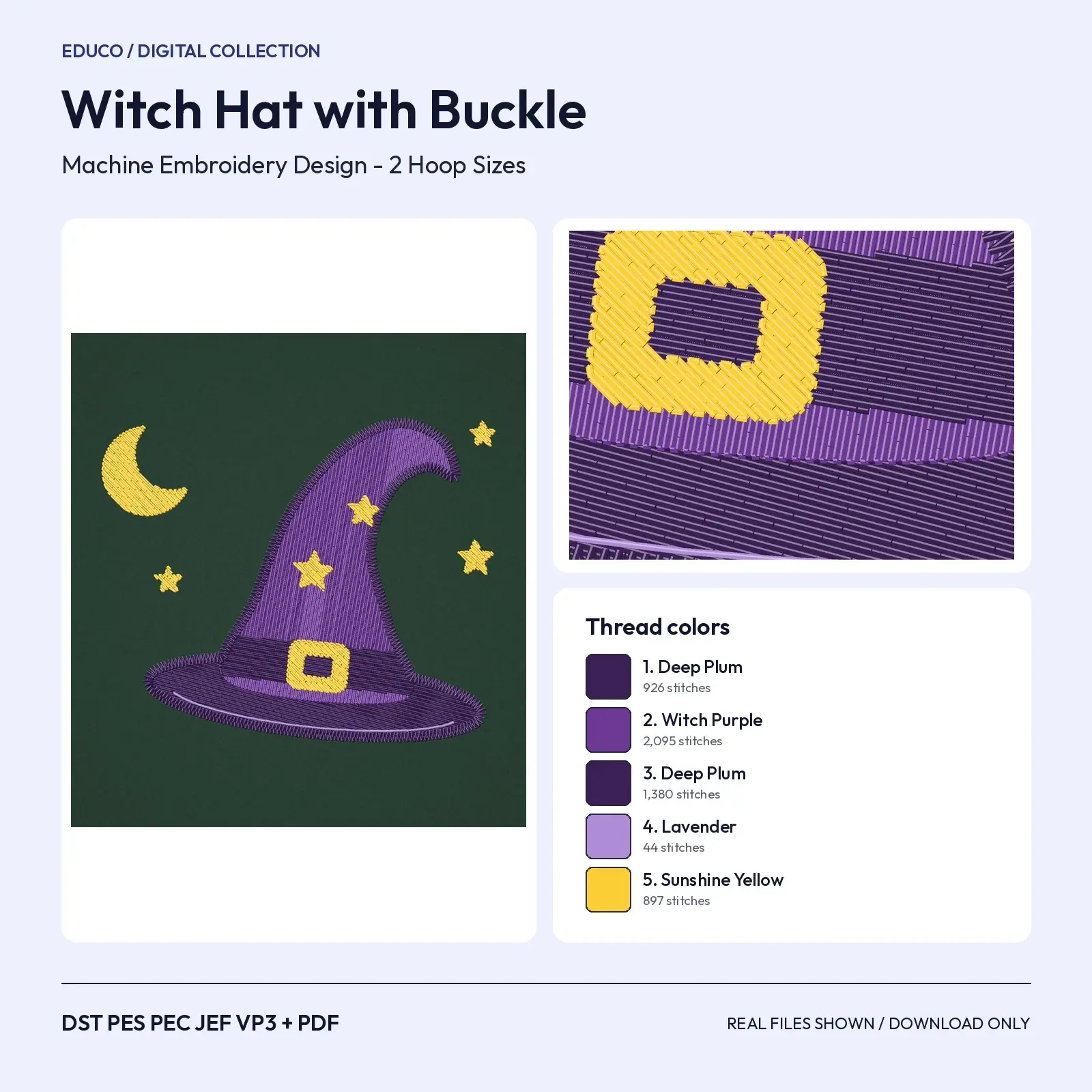 Witch Hat with Gold Buckle Machine Embroidery Design, Stars and Crescent Moon, 4x4 and 5x7 preview