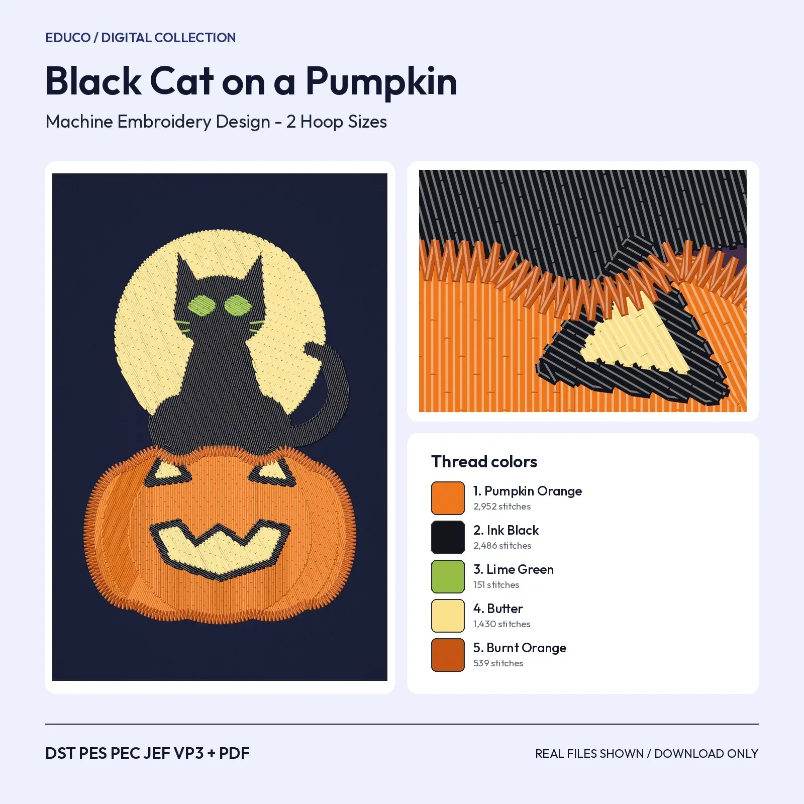 Black Cat on Pumpkin Under the Moon Machine Embroidery Design, Moody Halloween, 4x4 and 5x7 preview