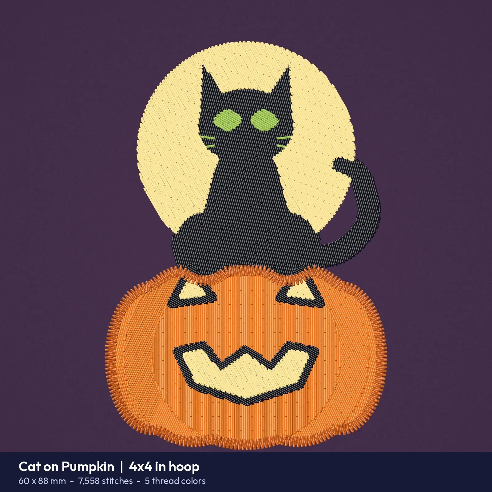 Black Cat on Pumpkin Under the Moon Machine Embroidery Design, Moody Halloween, 4x4 and 5x7, preview 2 of 4