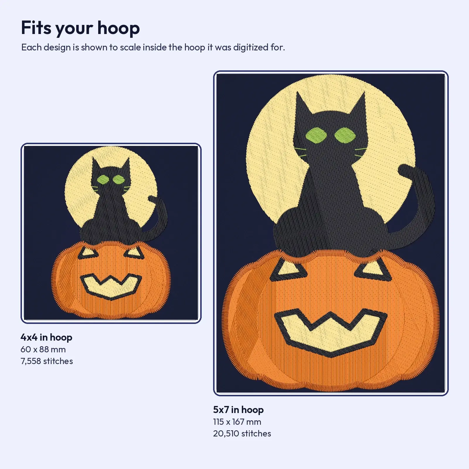 Black Cat on Pumpkin Under the Moon Machine Embroidery Design, Moody Halloween, 4x4 and 5x7, preview 3 of 4