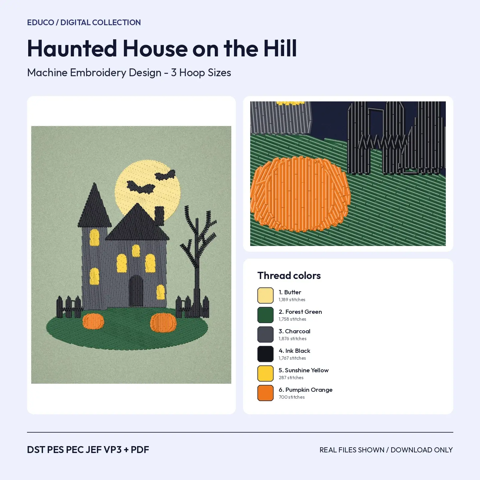 Haunted House on the Hill Machine Embroidery Design, Moonlit Halloween Scene in 4x4, 5x7 and 6x10, preview 1 of 4