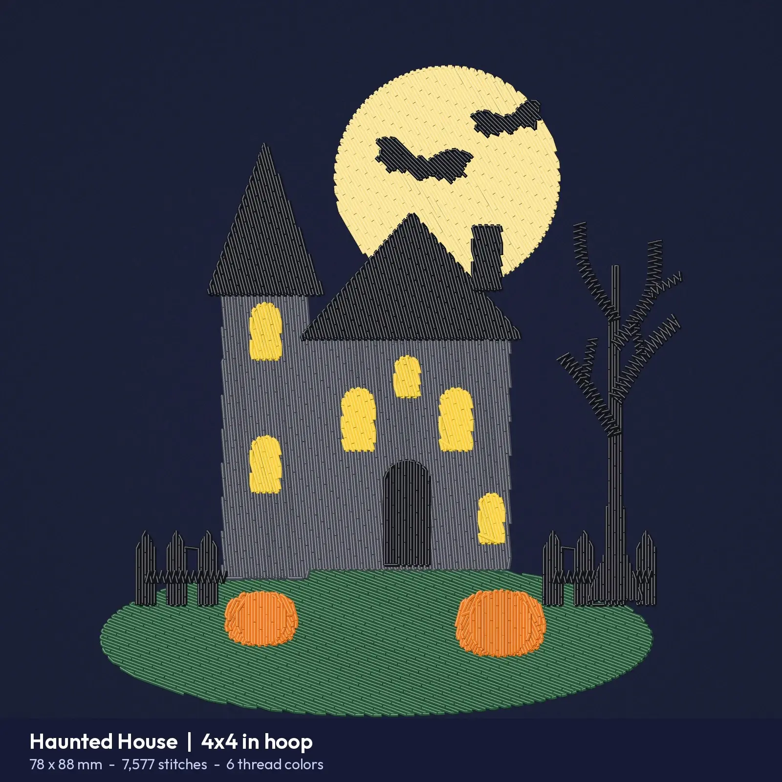 Haunted House on the Hill Machine Embroidery Design, Moonlit Halloween Scene in 4x4, 5x7 and 6x10, preview 2 of 4