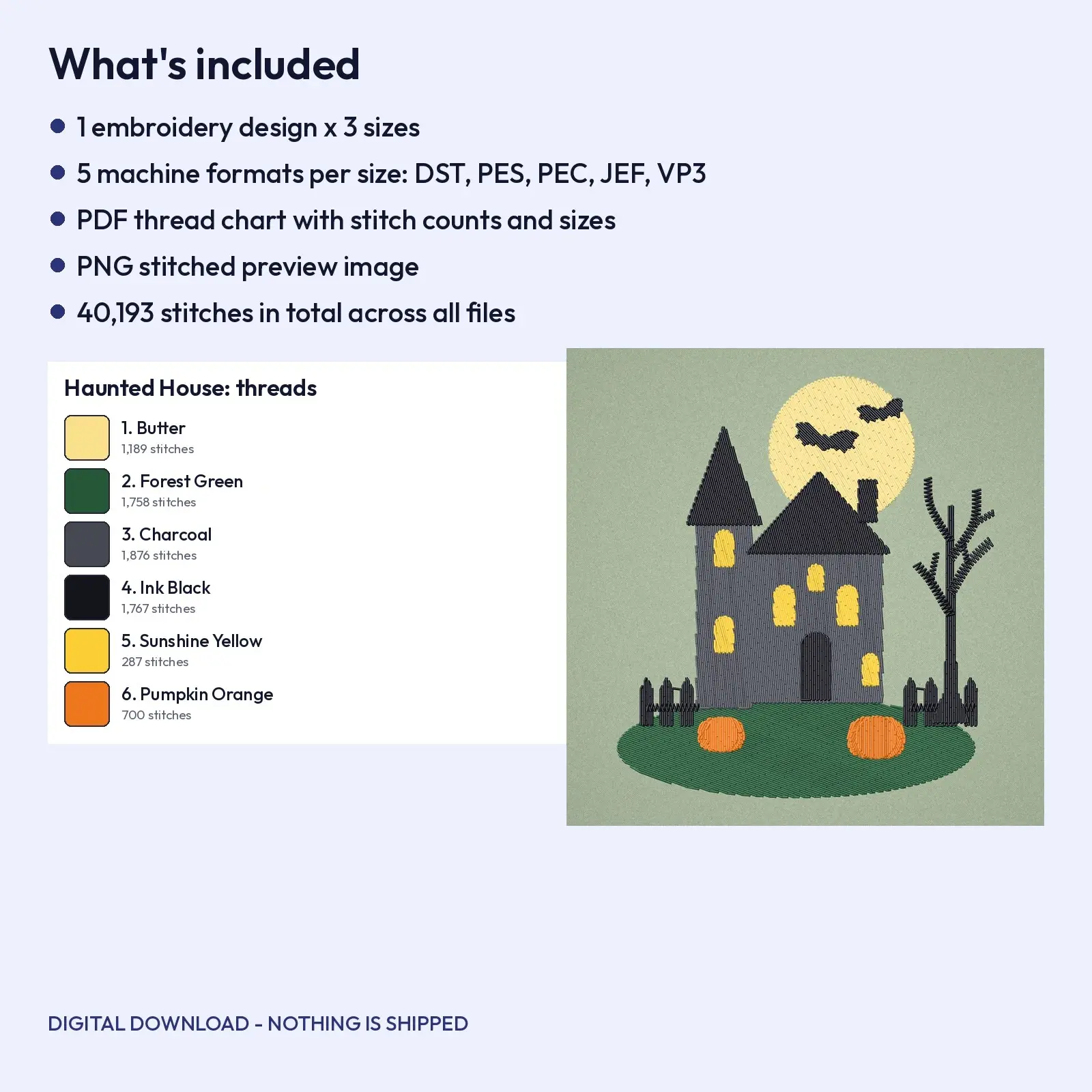Haunted House on the Hill Machine Embroidery Design, Moonlit Halloween Scene in 4x4, 5x7 and 6x10, preview 4 of 4
