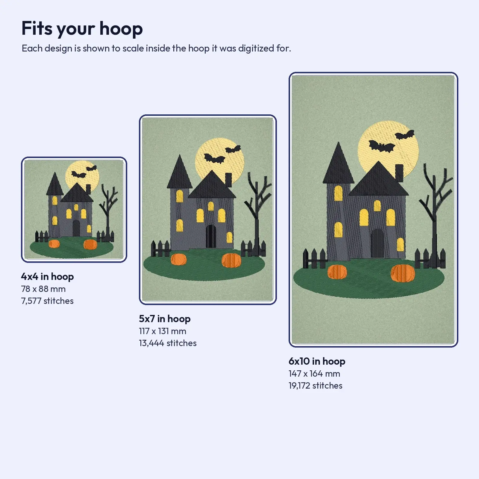 Haunted House on the Hill Machine Embroidery Design, Moonlit Halloween Scene in 4x4, 5x7 and 6x10, preview 3 of 4