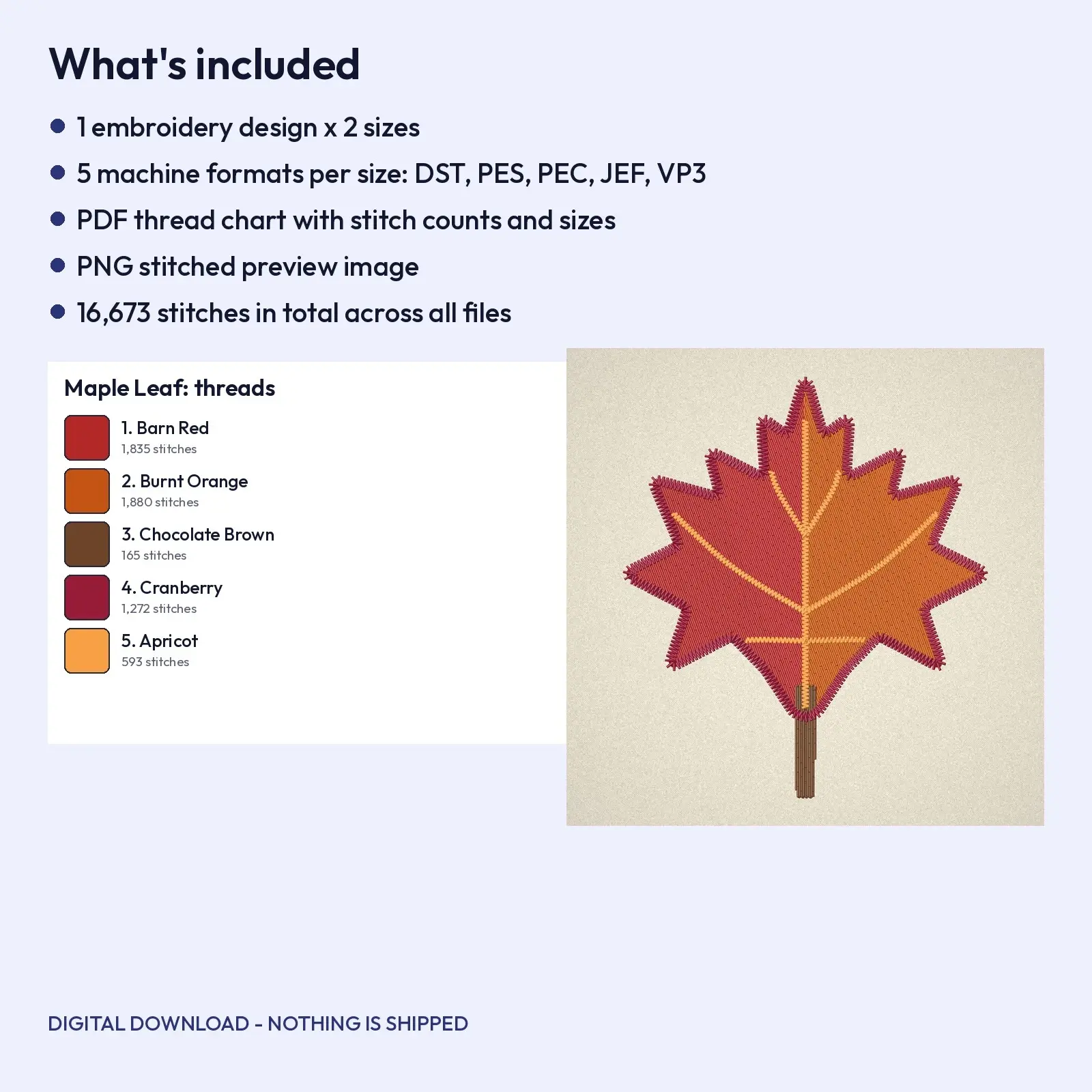 Two-Tone Autumn Maple Leaf Machine Embroidery Design - Veined Leaf, 4x4 and 5x7 Hoop, preview 4 of 4