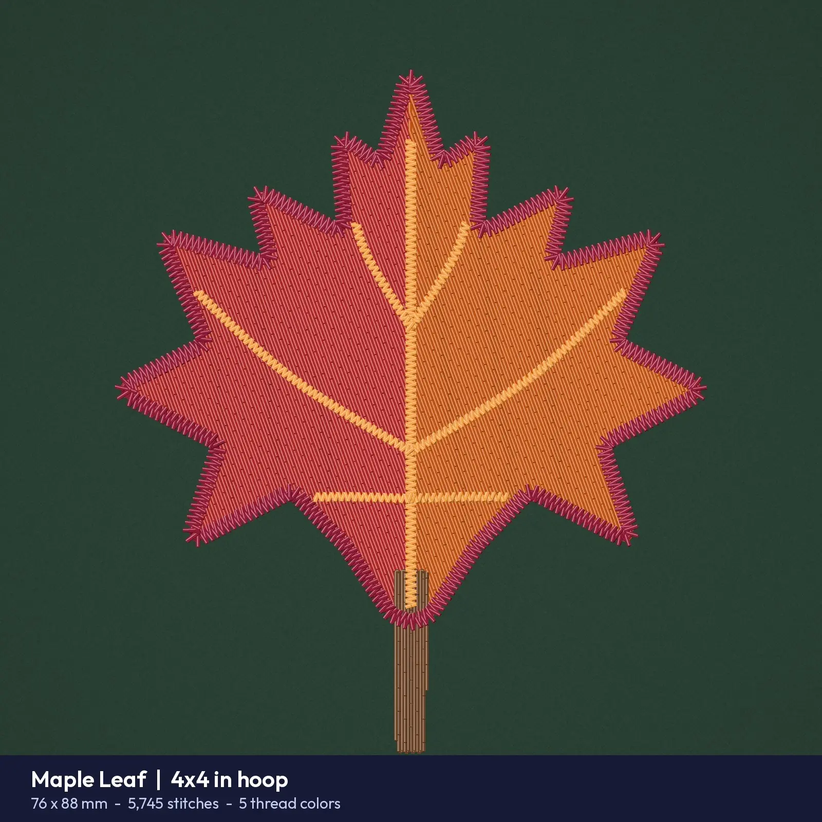 Two-Tone Autumn Maple Leaf Machine Embroidery Design - Veined Leaf, 4x4 and 5x7 Hoop, preview 2 of 4