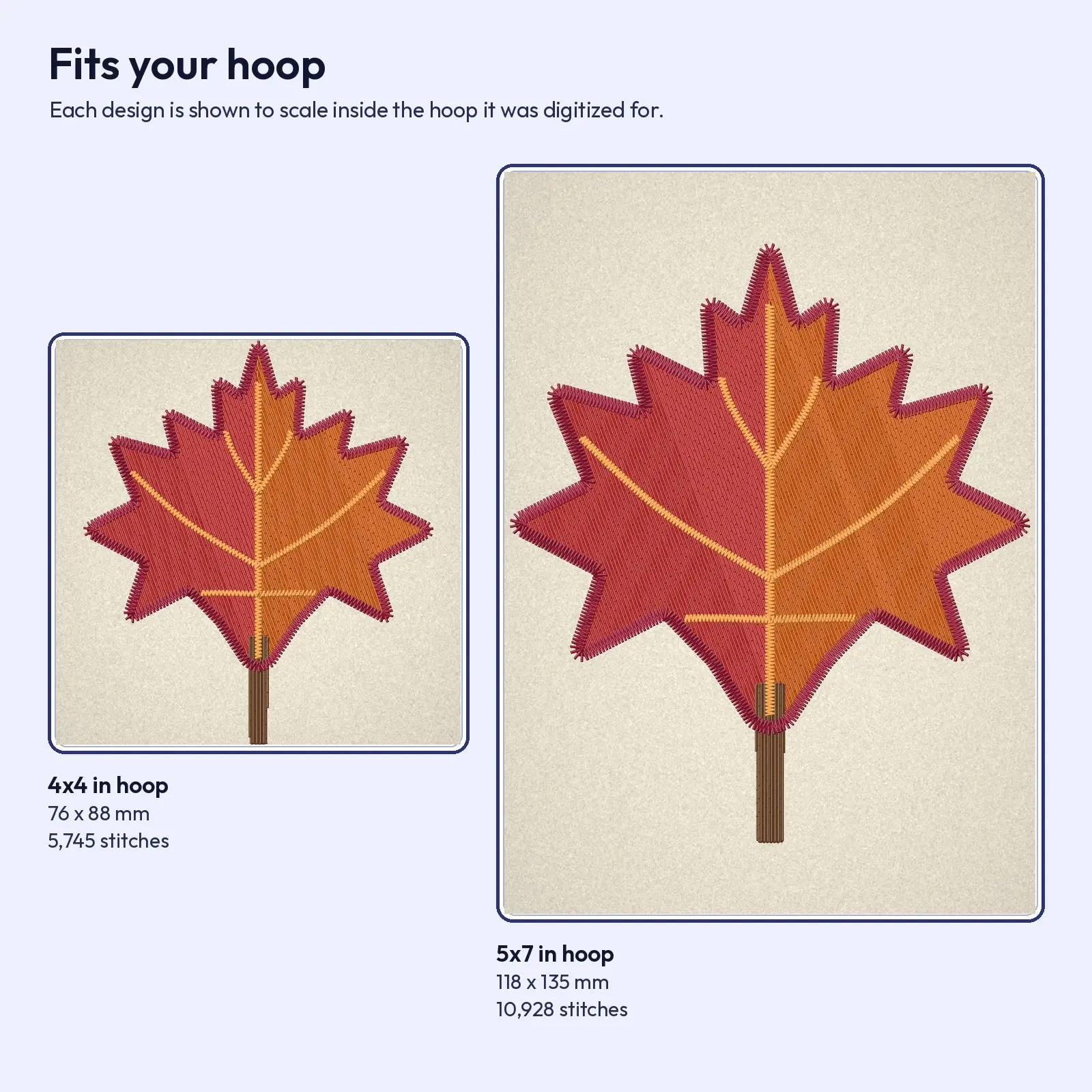 Two-Tone Autumn Maple Leaf Machine Embroidery Design - Veined Leaf, 4x4 and 5x7 Hoop, preview 3 of 4